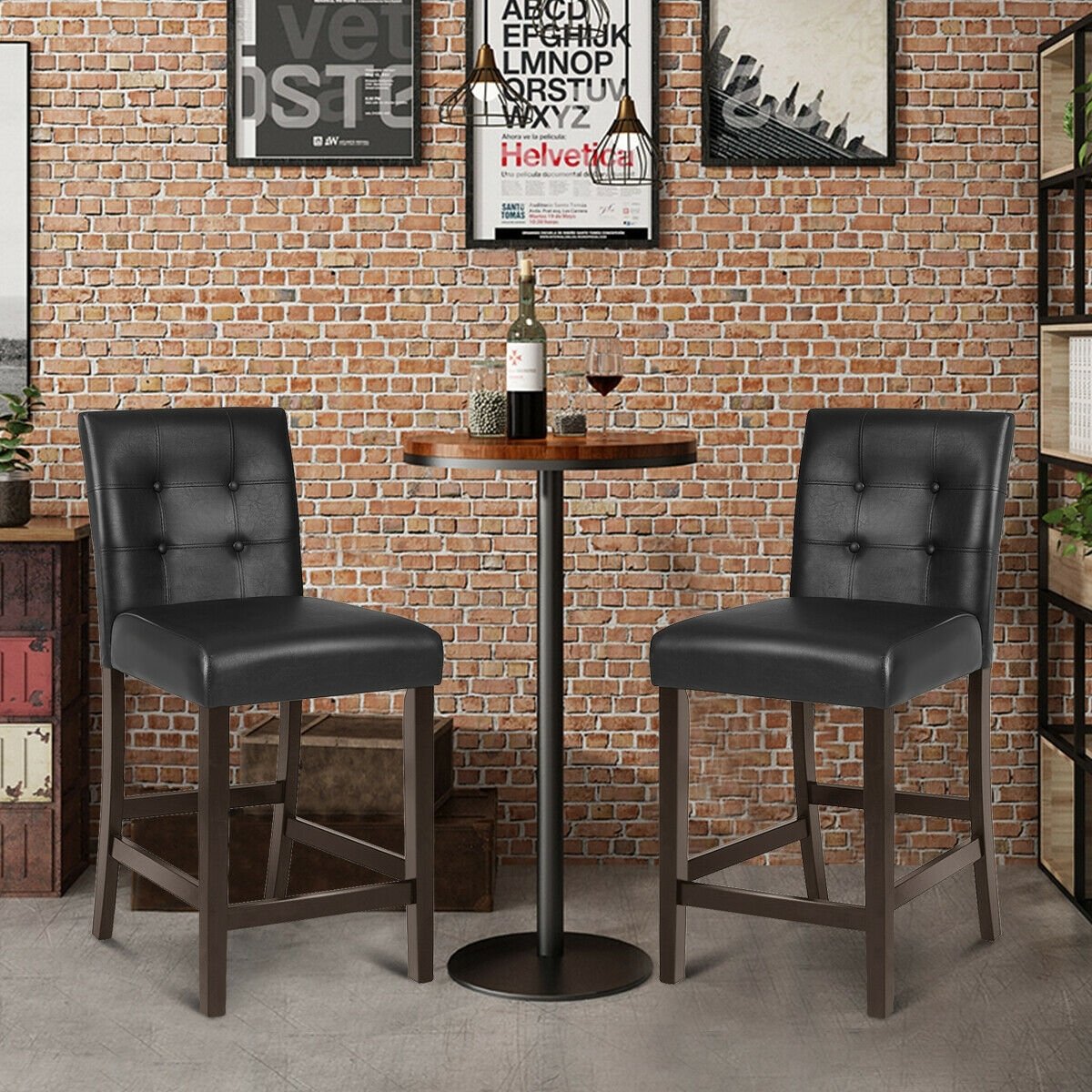 Set of 2 PVC Leather Bar Stools with Solid Wood Legs, Black Bar Stools   at Gallery Canada