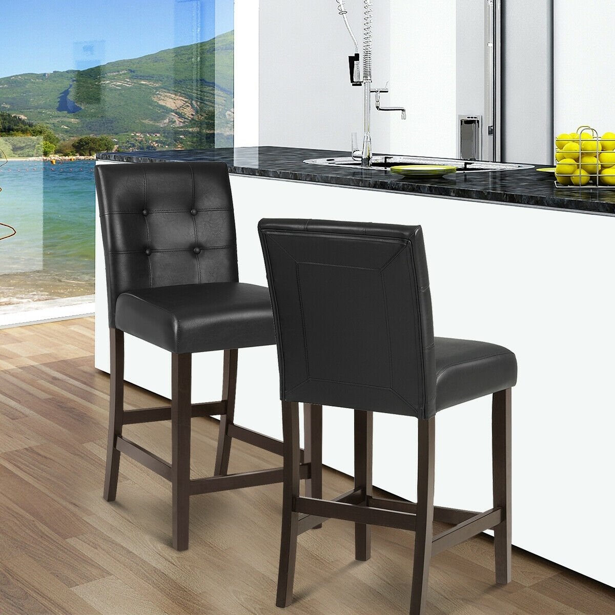 Set of 2 PVC Leather Bar Stools with Solid Wood Legs, Black Bar Stools   at Gallery Canada