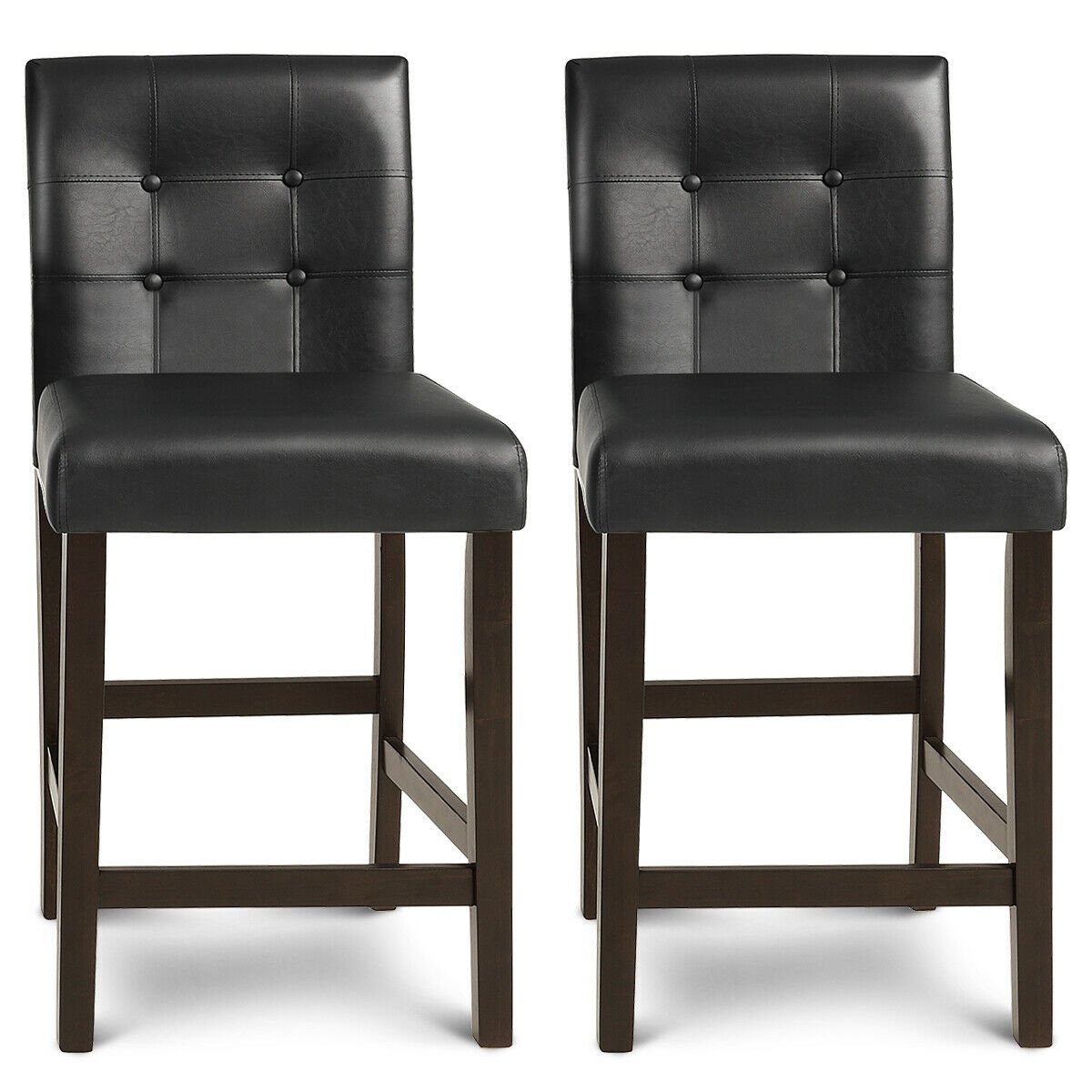 Set of 2 PVC Leather Bar Stools with Solid Wood Legs, Black Bar Stools   at Gallery Canada