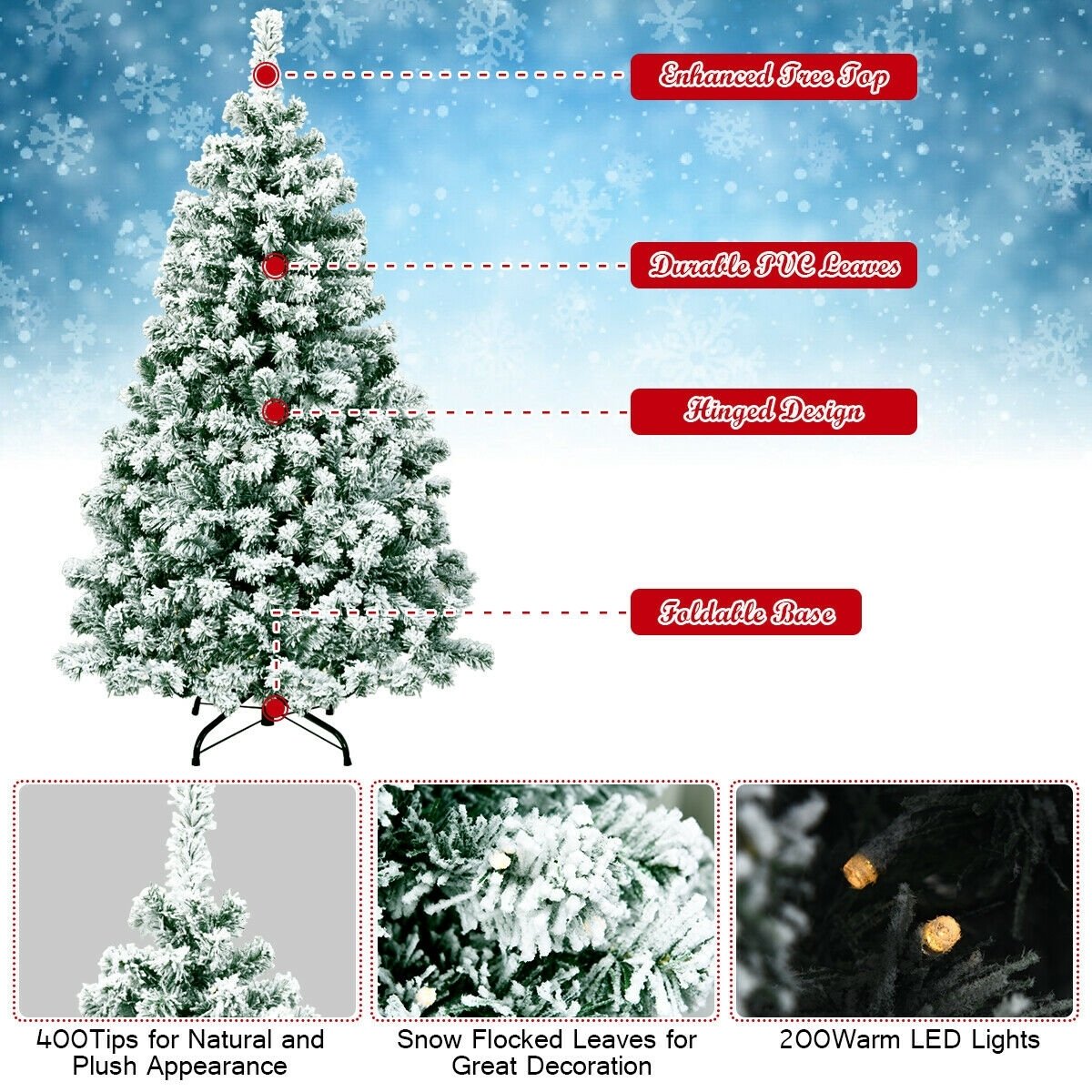 4.5 Feet Pre-Lit Premium Snow Flocked Hinged Artificial Christmas Tree, Green Christmas Tree   at Gallery Canada