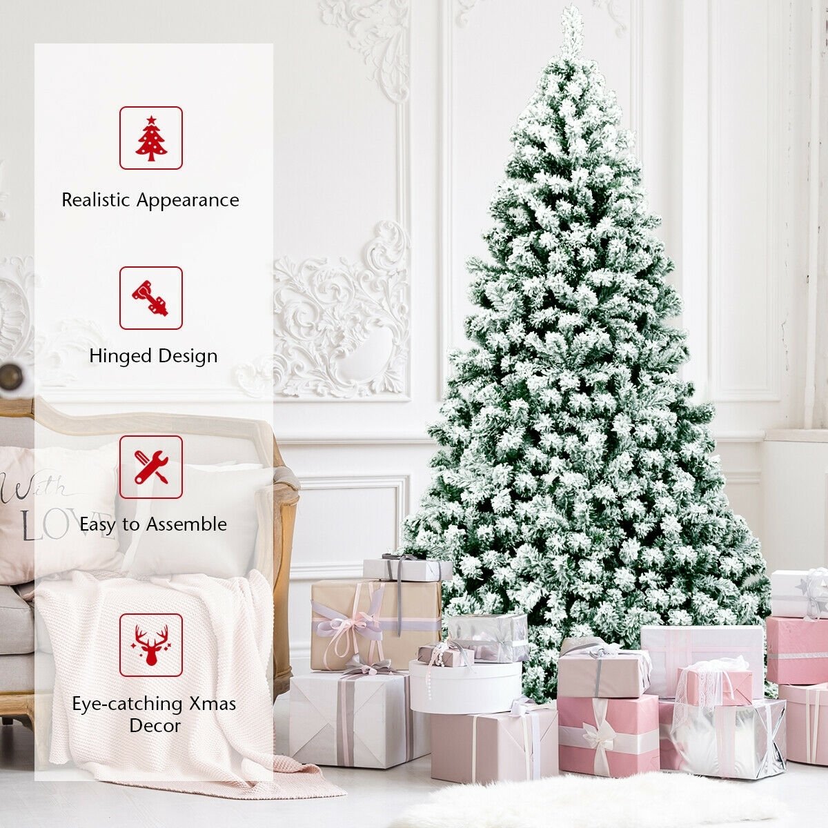 7.5 Feet Pre-Lit Premium Snow Flocked Hinged Artificial Christmas Tree with 550 Lights, Green Christmas Tree   at Gallery Canada