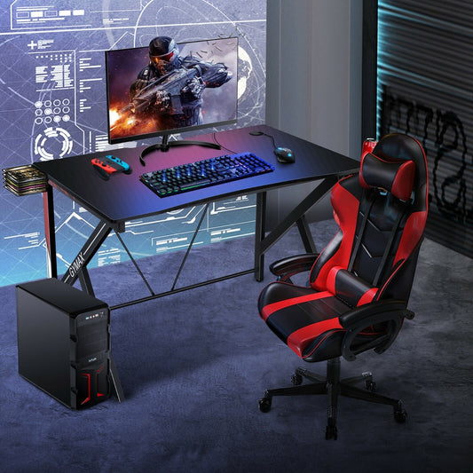 45-Inch K-Shaped Computer Gaming Desk with Cup Headphone Holder and Game Storage, Black - Gallery Canada