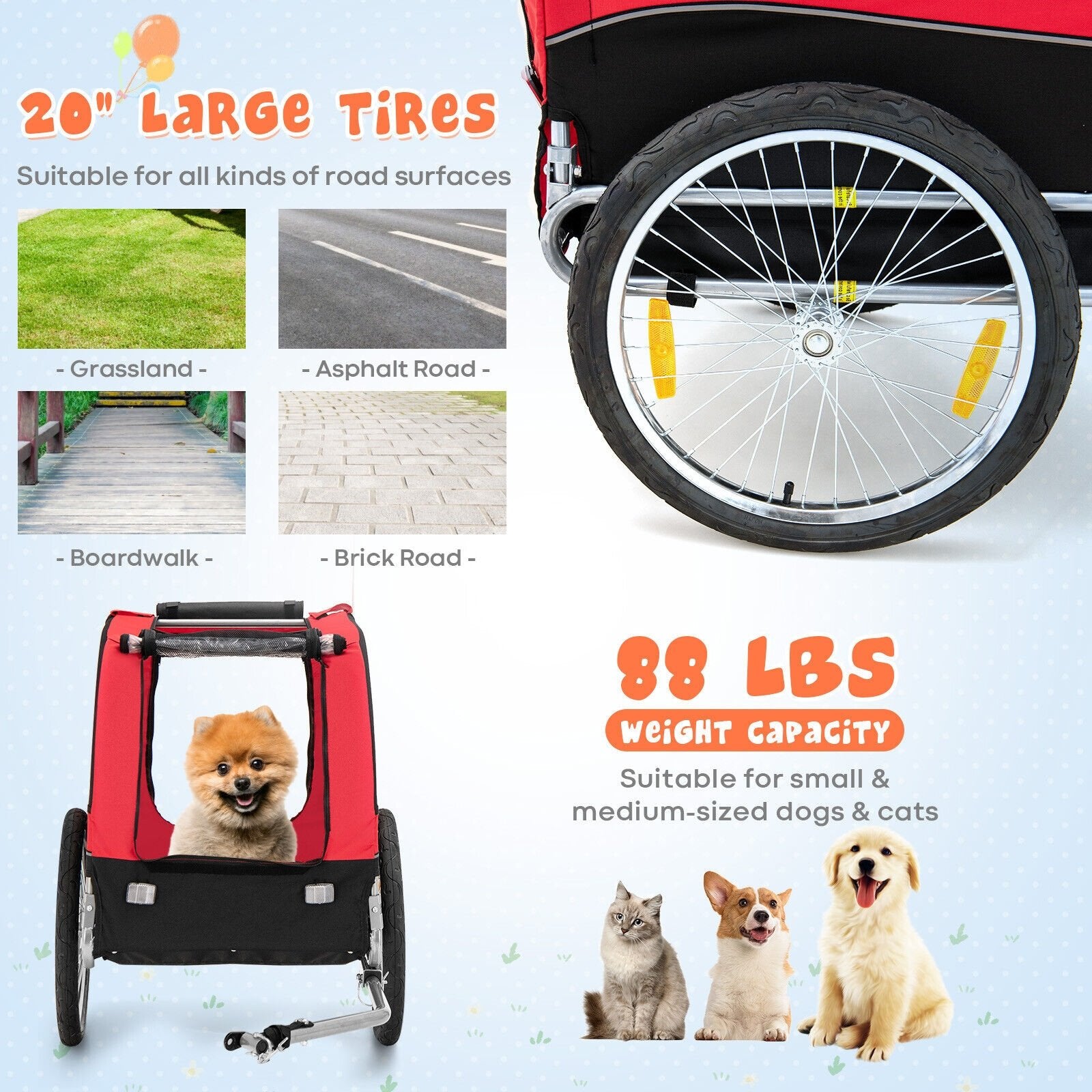 Dog Bike Trailer Foldable Pet Cart with 3 Entrances for Travel, Red Dog Supplies   at Gallery Canada