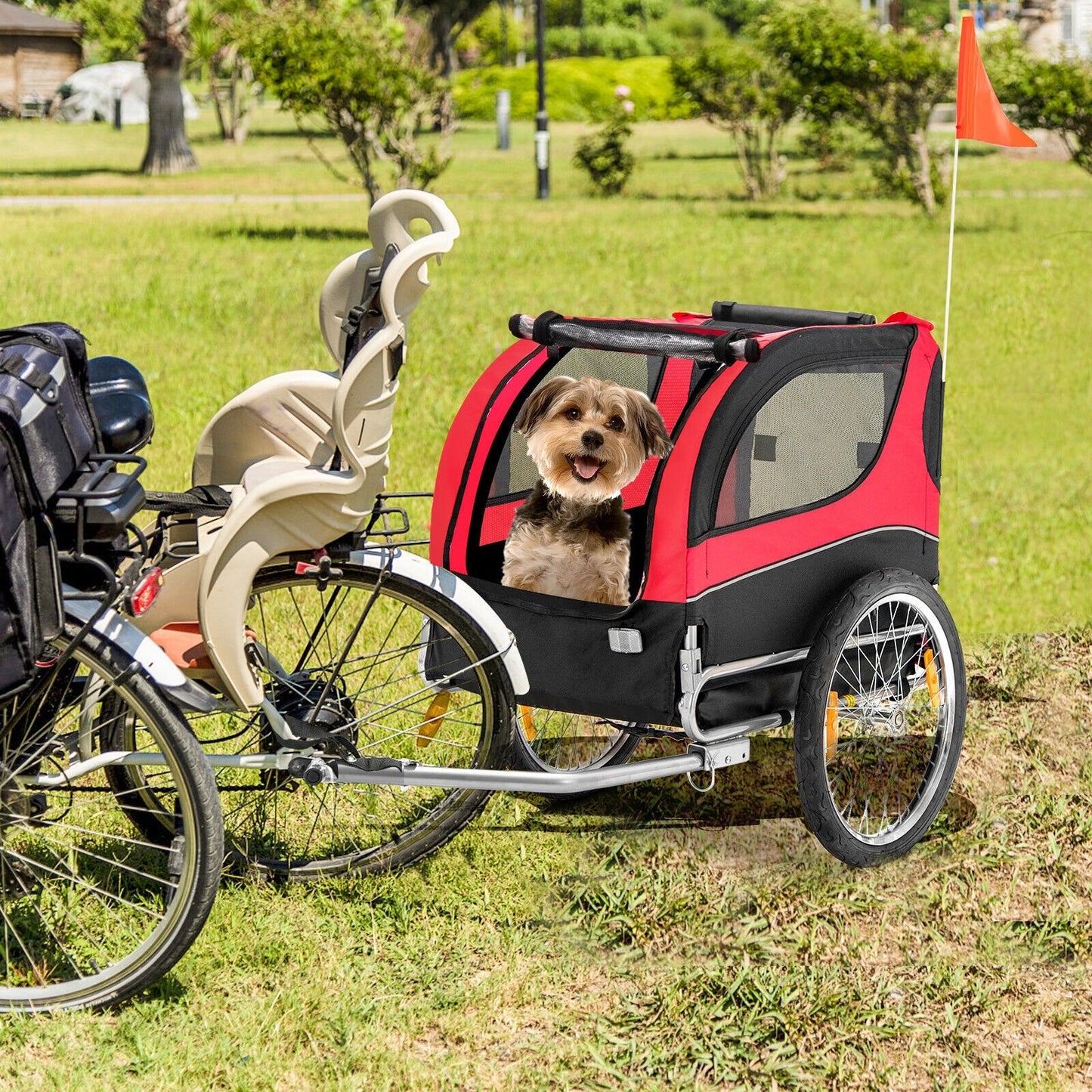 Dog Bike Trailer Foldable Pet Cart with 3 Entrances for Travel, Red Dog Supplies   at Gallery Canada