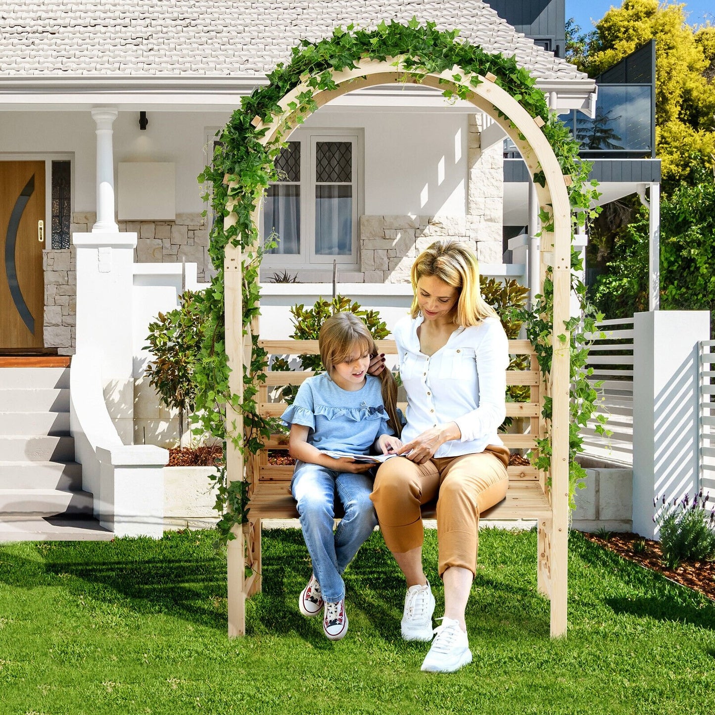 Wooden Garden Bench Arch Pergola Outdoor Arbor, Natural Outdoor Decor   at Gallery Canada