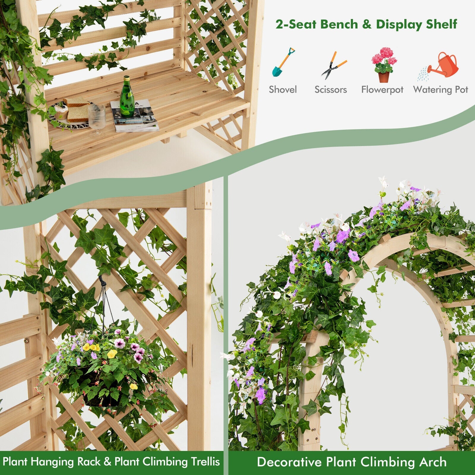 Wooden Garden Bench Arch Pergola Outdoor Arbor, Natural Outdoor Decor at Gallery Canada