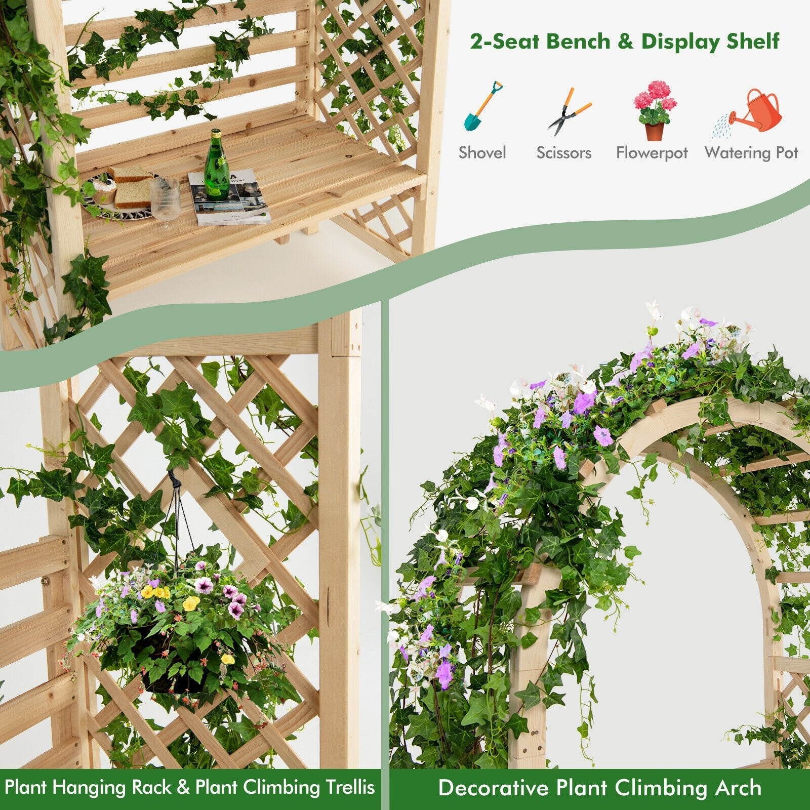 Wooden Garden Bench Arch Pergola Outdoor Arbor, Natural Outdoor Decor   at Gallery Canada