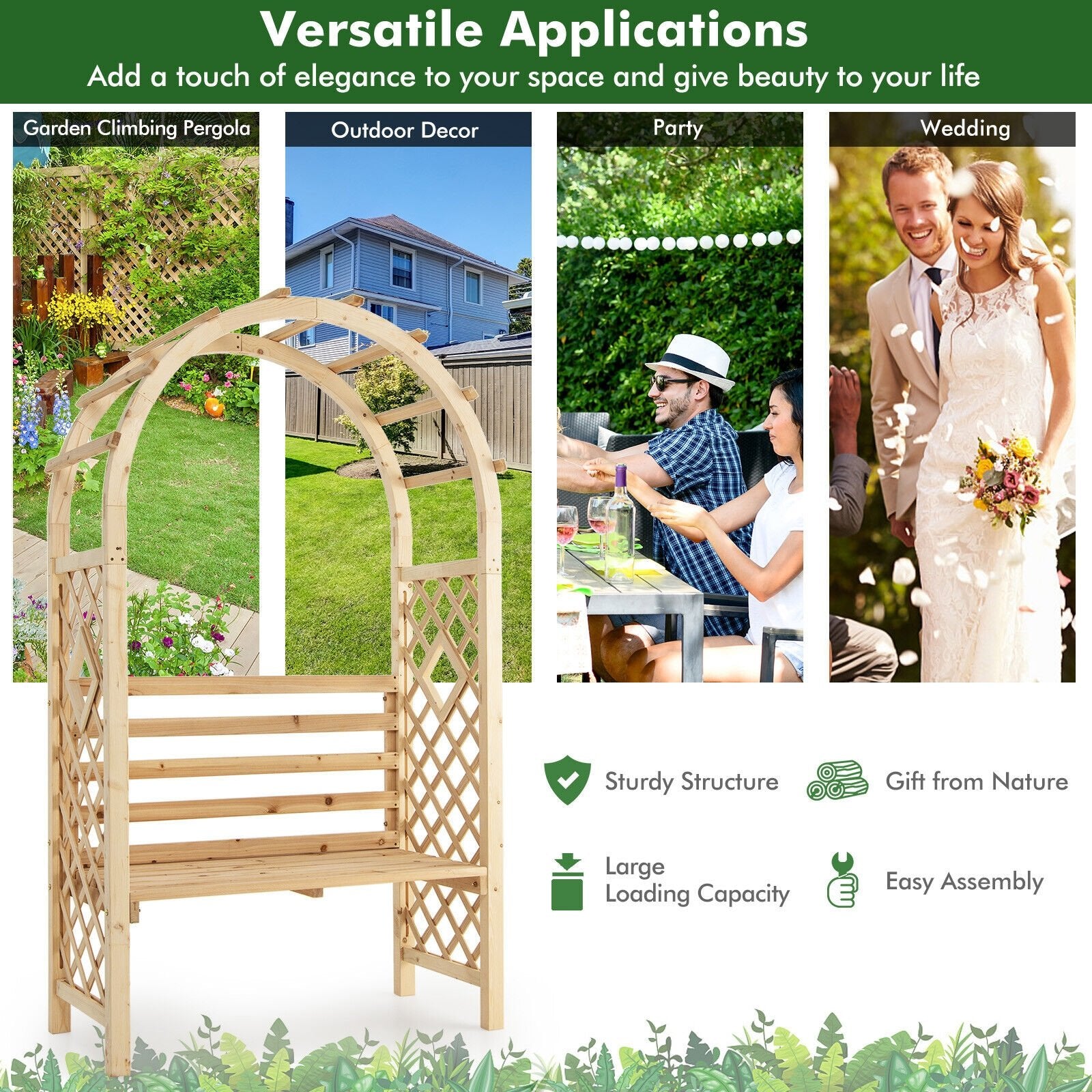 Wooden Garden Bench Arch Pergola Outdoor Arbor, Natural Outdoor Decor   at Gallery Canada