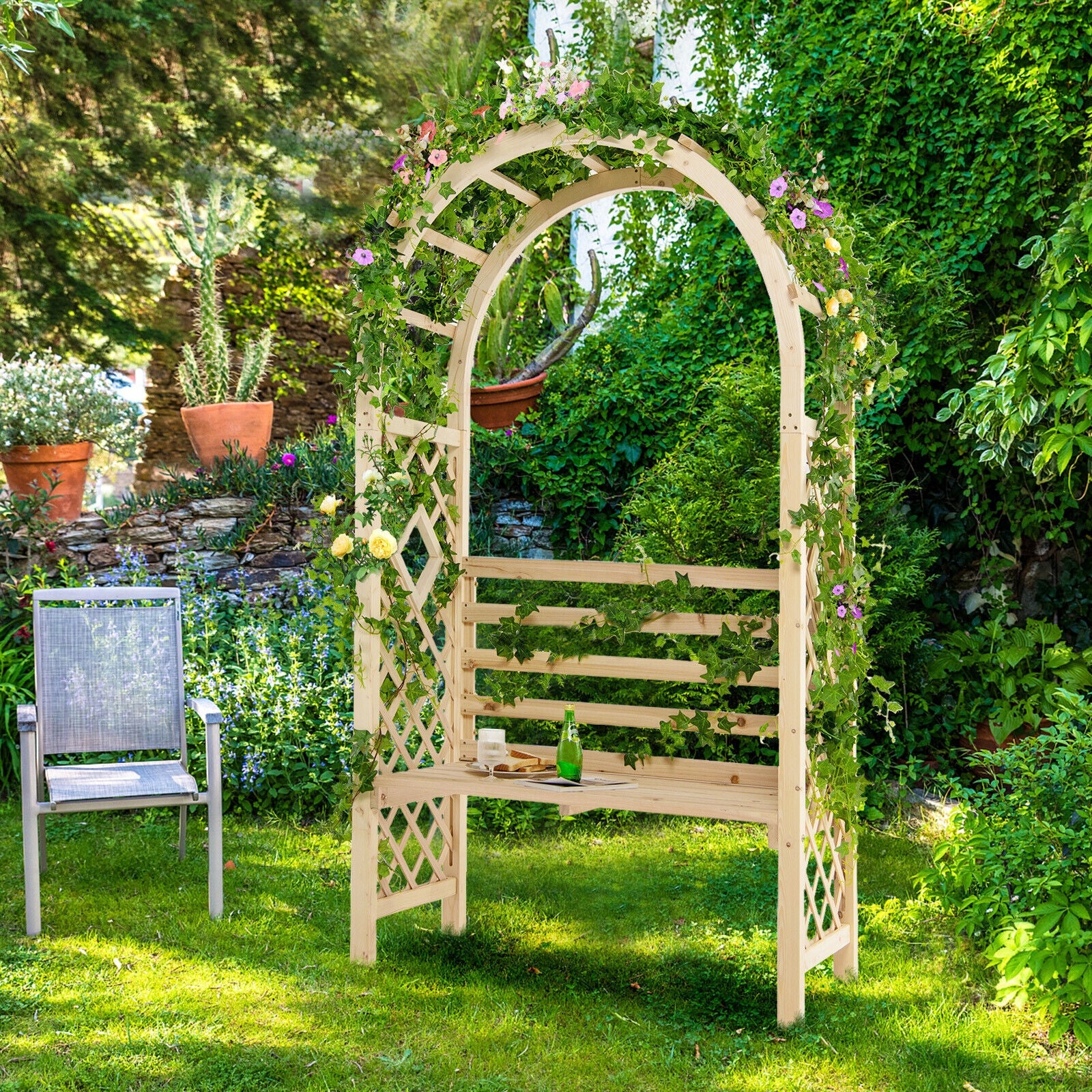 Wooden Garden Bench Arch Pergola Outdoor Arbor, Natural Outdoor Decor at Gallery Canada