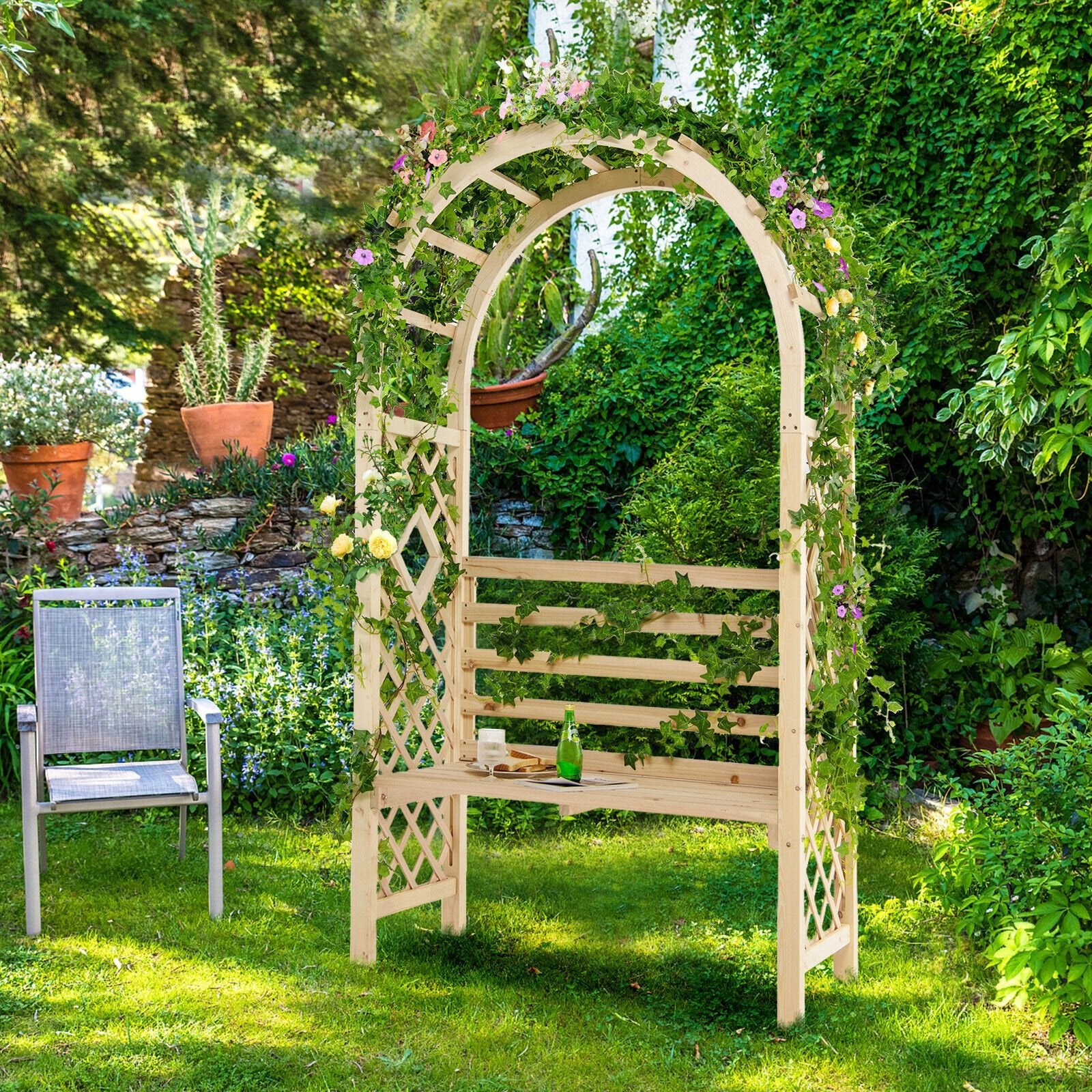 Wooden Garden Bench Arch Pergola Outdoor Arbor, Natural Outdoor Decor   at Gallery Canada