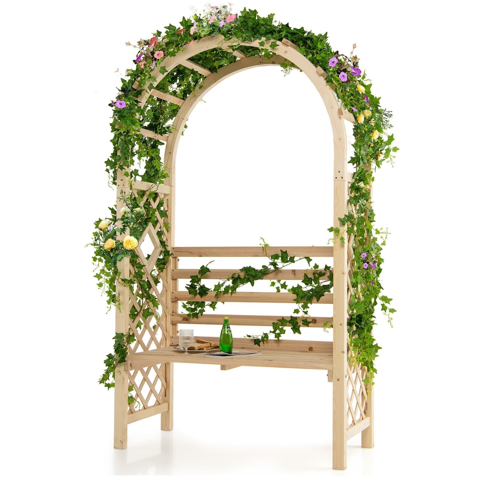 Wooden Garden Bench Arch Pergola Outdoor Arbor, Natural Outdoor Decor   at Gallery Canada