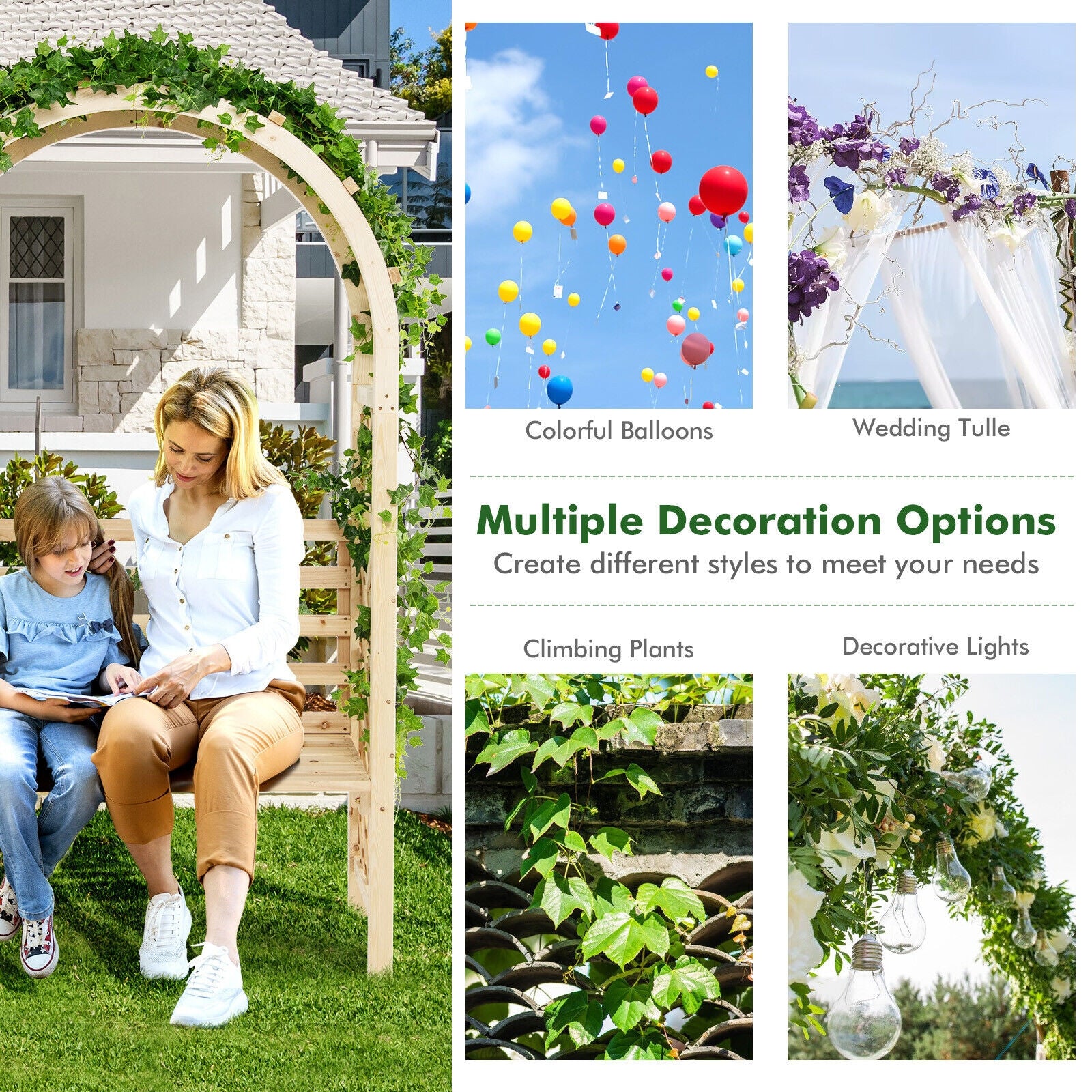Wooden Garden Bench Arch Pergola Outdoor Arbor, Natural Outdoor Decor at Gallery Canada