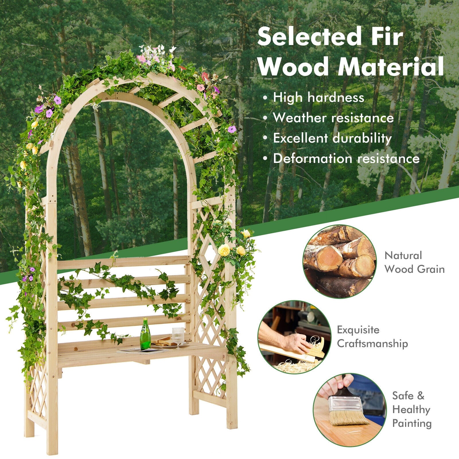 Wooden Garden Bench Arch Pergola Outdoor Arbor, Natural Outdoor Decor at Gallery Canada
