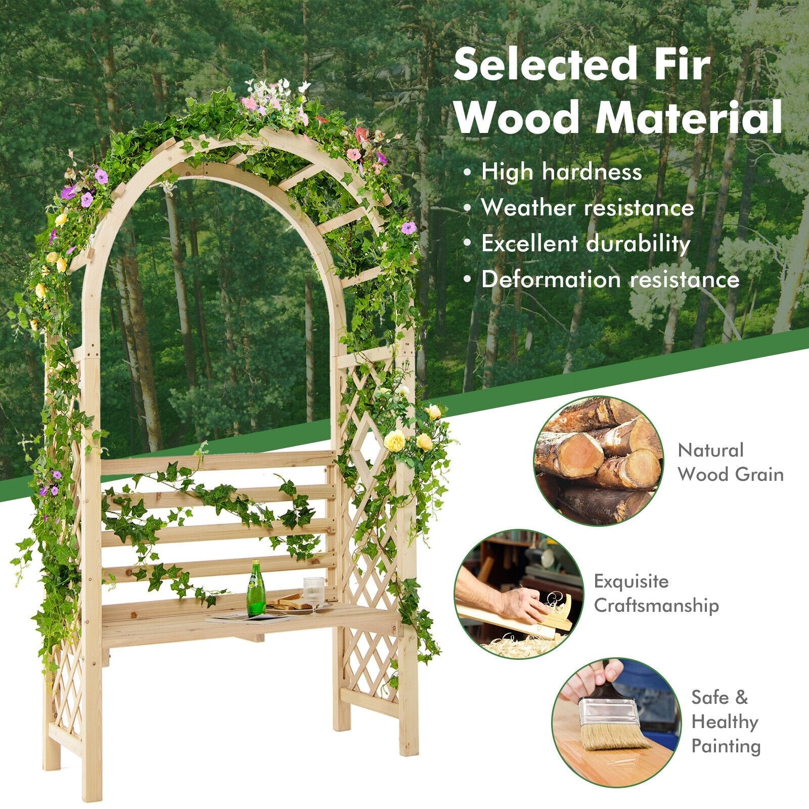 Wooden Garden Bench Arch Pergola Outdoor Arbor, Natural Outdoor Decor   at Gallery Canada