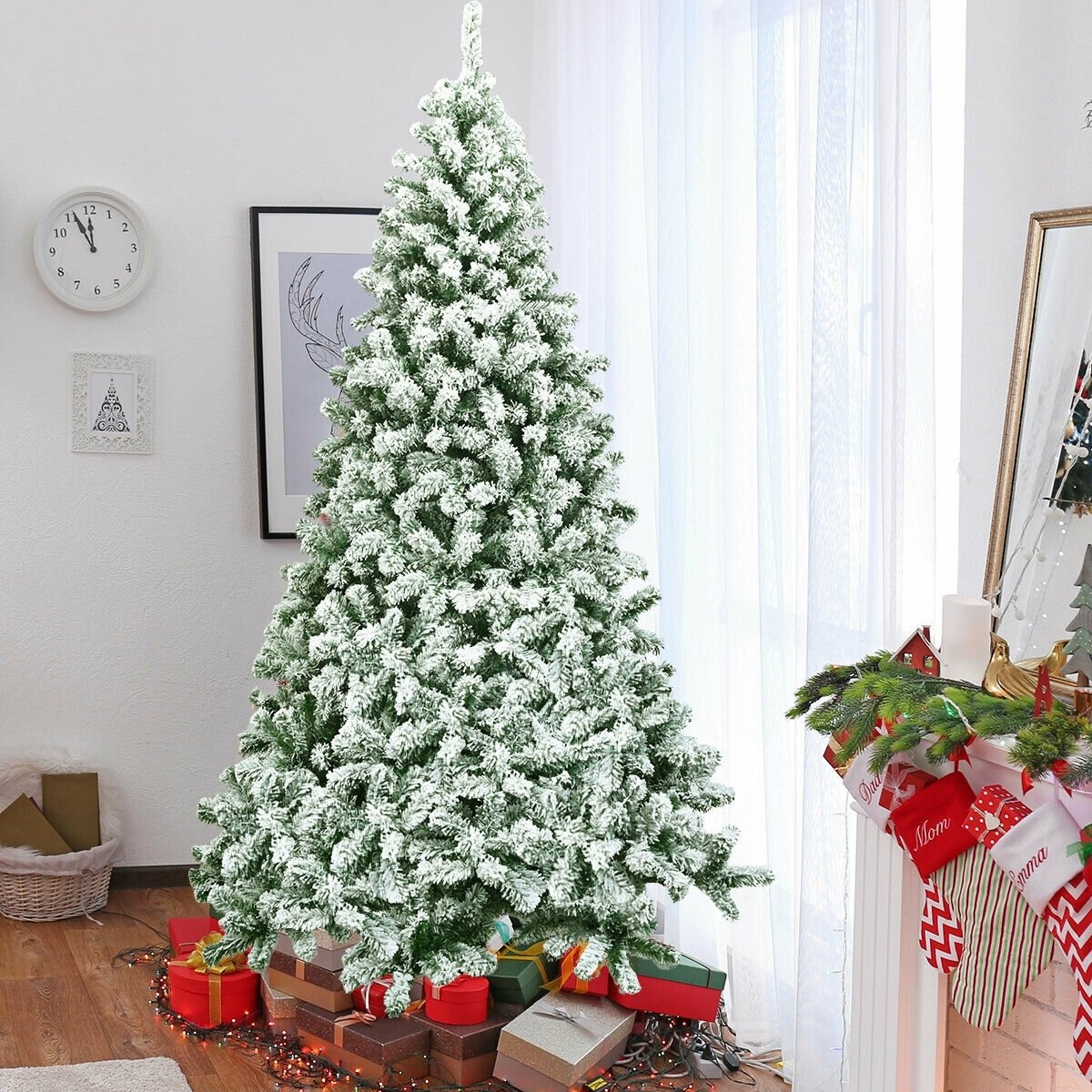 7.5 Feet Snow Flocked Artificial Christmas Tree Hinged with 1346 Tip and Foldable Base, Green Christmas Tree   at Gallery Canada