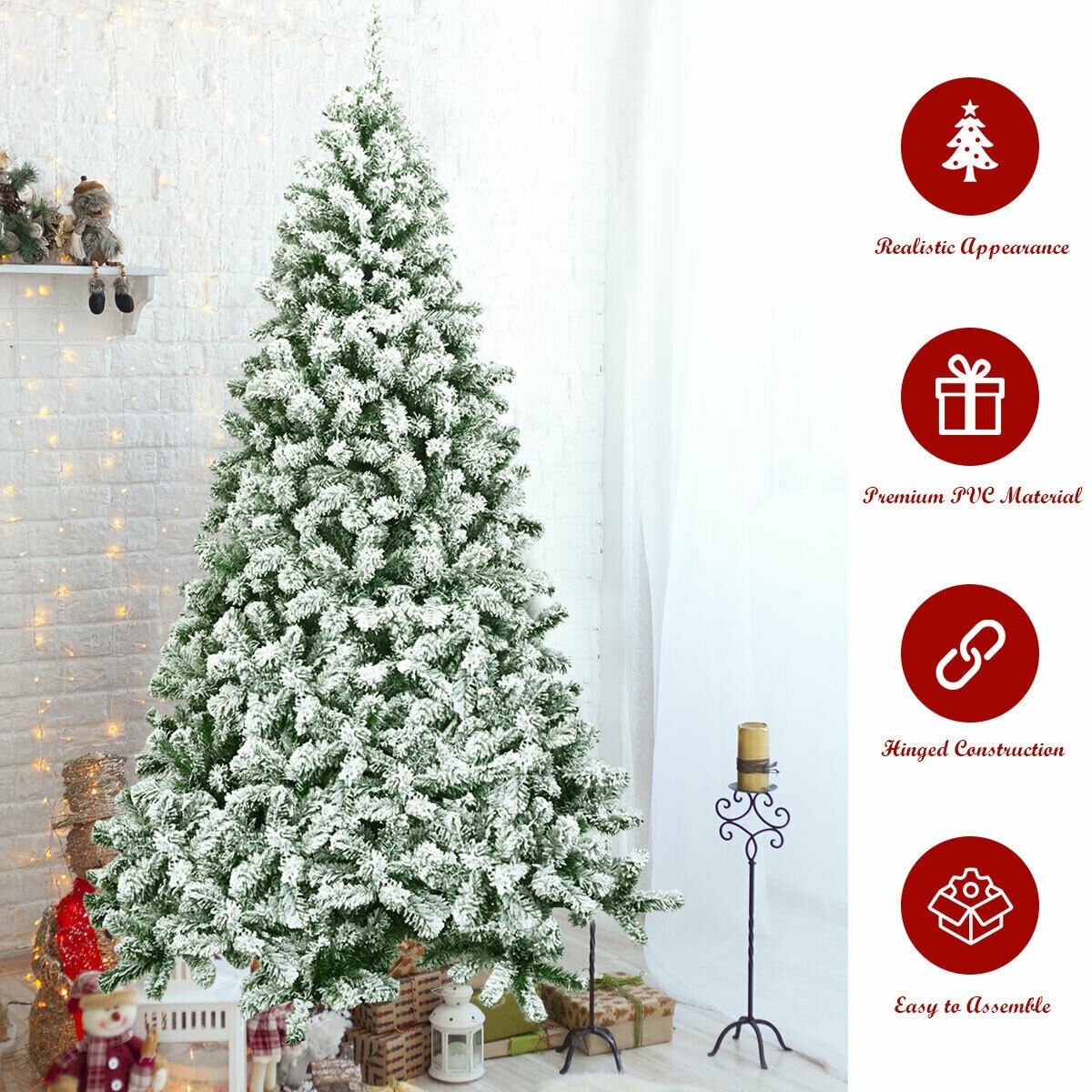 7.5 Feet Snow Flocked Artificial Christmas Tree Hinged with 1346 Tip and Foldable Base, Green Christmas Tree   at Gallery Canada