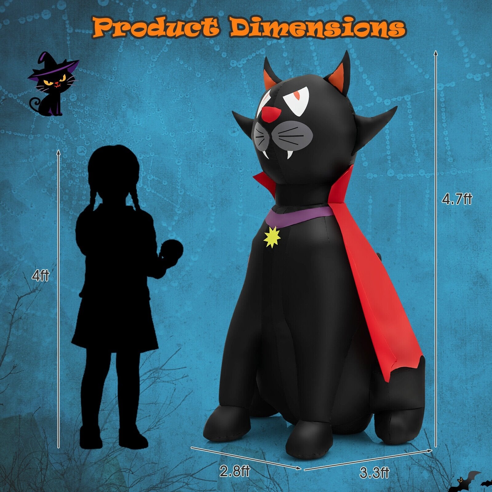 4.7 Feet Halloween Inflatable Vampire Cat with Red Cloak, Black Halloween   at Gallery Canada