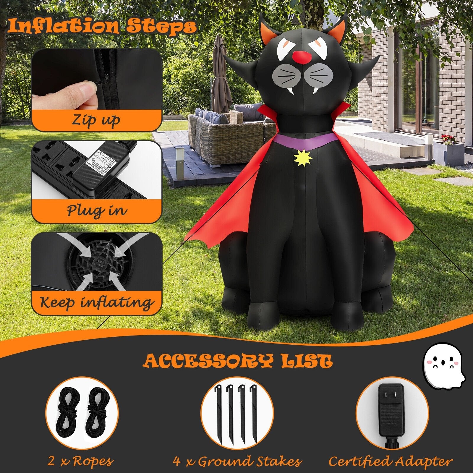 4.7 Feet Halloween Inflatable Vampire Cat with Red Cloak, Black Halloween   at Gallery Canada