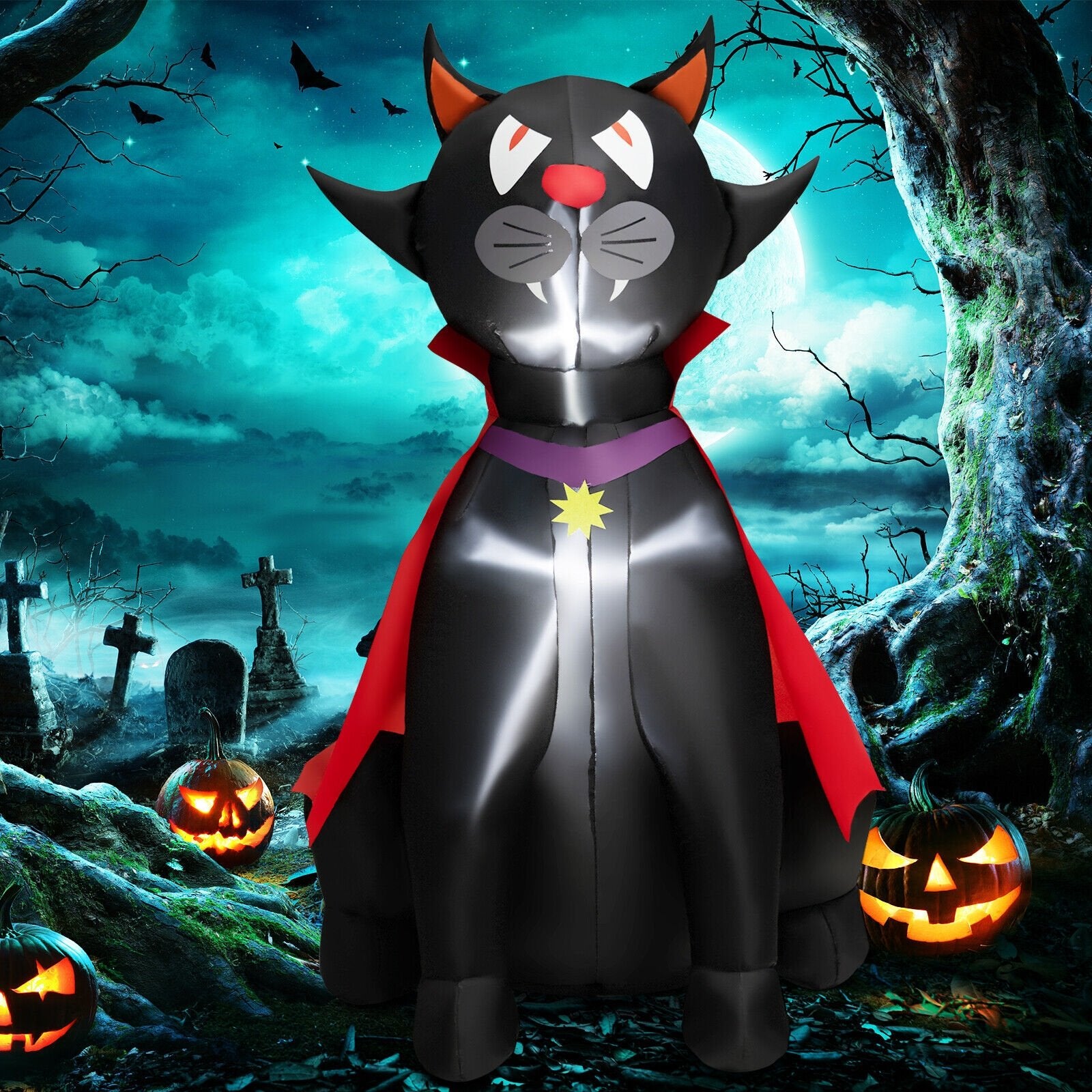 4.7 Feet Halloween Inflatable Vampire Cat with Red Cloak, Black Halloween   at Gallery Canada