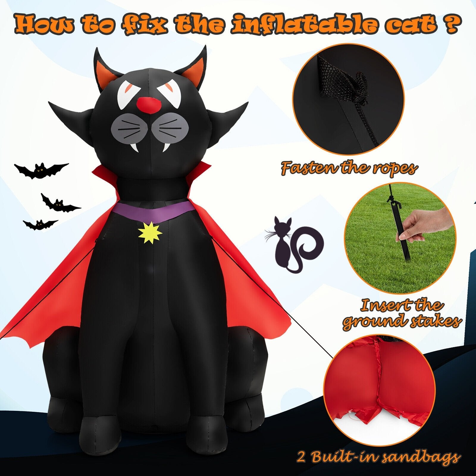 4.7 Feet Halloween Inflatable Vampire Cat with Red Cloak, Black Halloween   at Gallery Canada