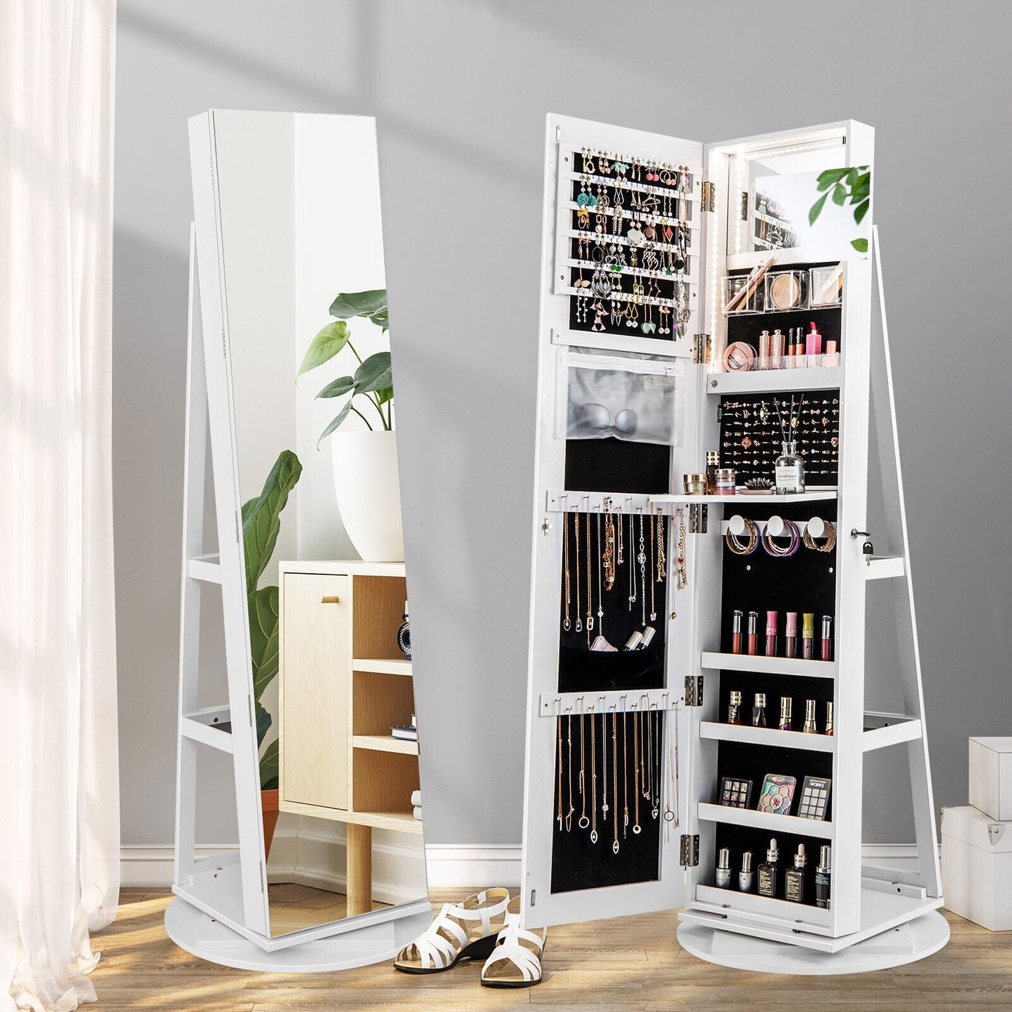 360° Rotating Mirrored Jewelry Cabinet Armoire 3 Color LED Modes Lockable, White Jewelry Armoires   at Gallery Canada