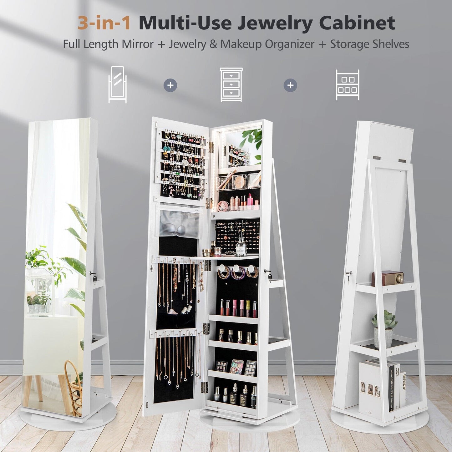 360° Rotating Mirrored Jewelry Cabinet Armoire 3 Color LED Modes Lockable, White Jewelry Armoires   at Gallery Canada