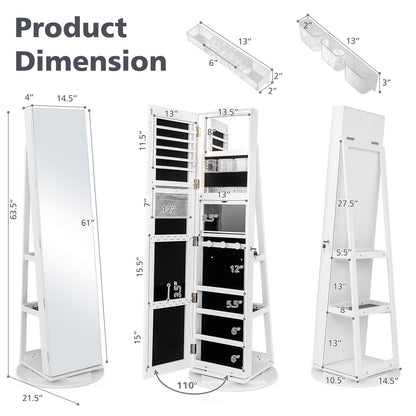 360° Rotating Mirrored Jewelry Cabinet Armoire 3 Color LED Modes Lockable, White Jewelry Armoires   at Gallery Canada