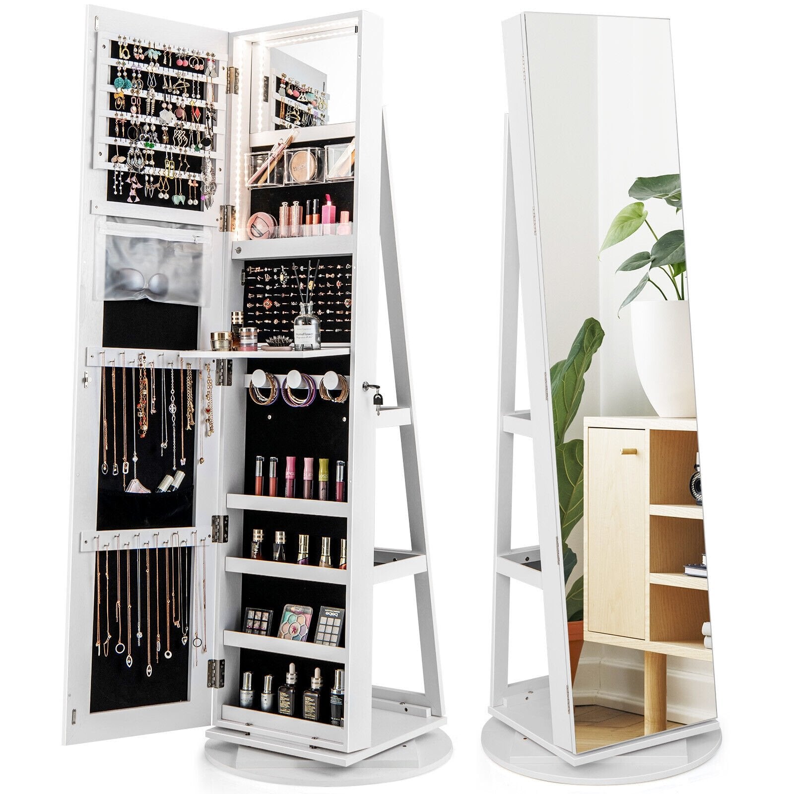 360° Rotating Mirrored Jewelry Cabinet Armoire 3 Color LED Modes Lockable, White Jewelry Armoires   at Gallery Canada