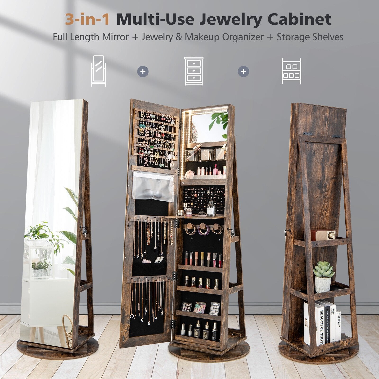 360° Rotating Mirrored Jewelry Cabinet Armoire 3 Color LED Modes Lockable, Brown Jewelry Armoires   at Gallery Canada