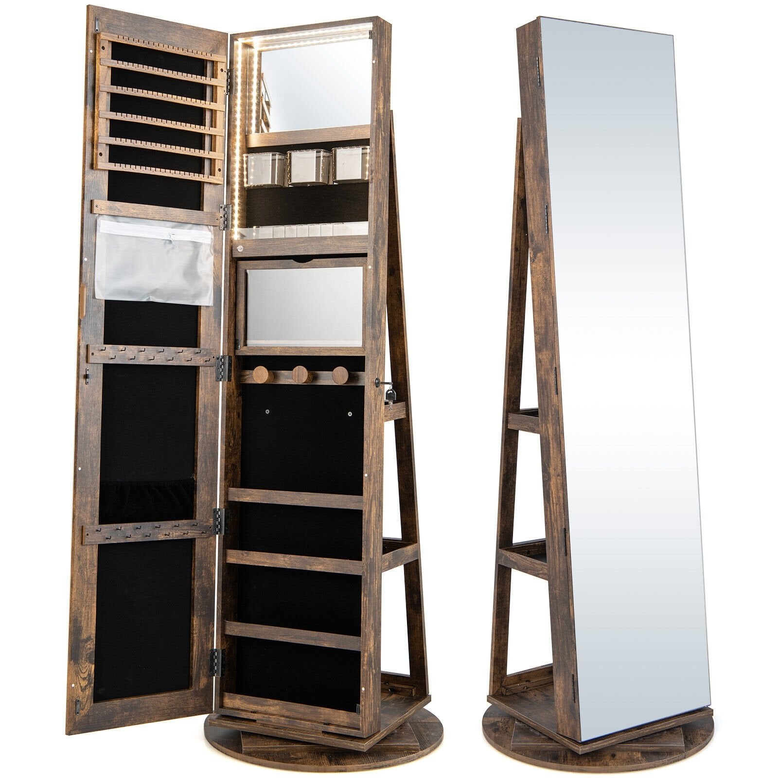 360° Rotating Mirrored Jewelry Cabinet Armoire 3 Color LED Modes Lockable, Brown Jewelry Armoires   at Gallery Canada