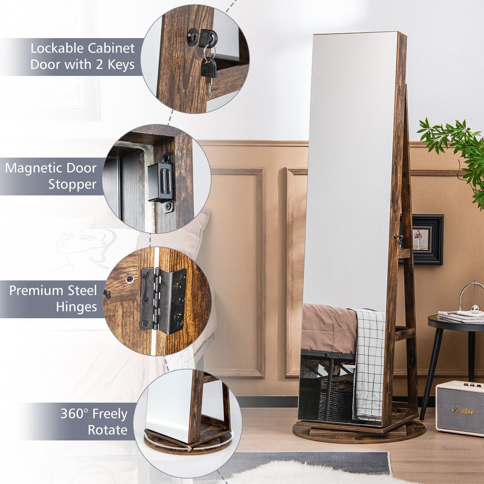 360° Rotating Mirrored Jewelry Cabinet Armoire 3 Color LED Modes Lockable, Brown Jewelry Armoires   at Gallery Canada