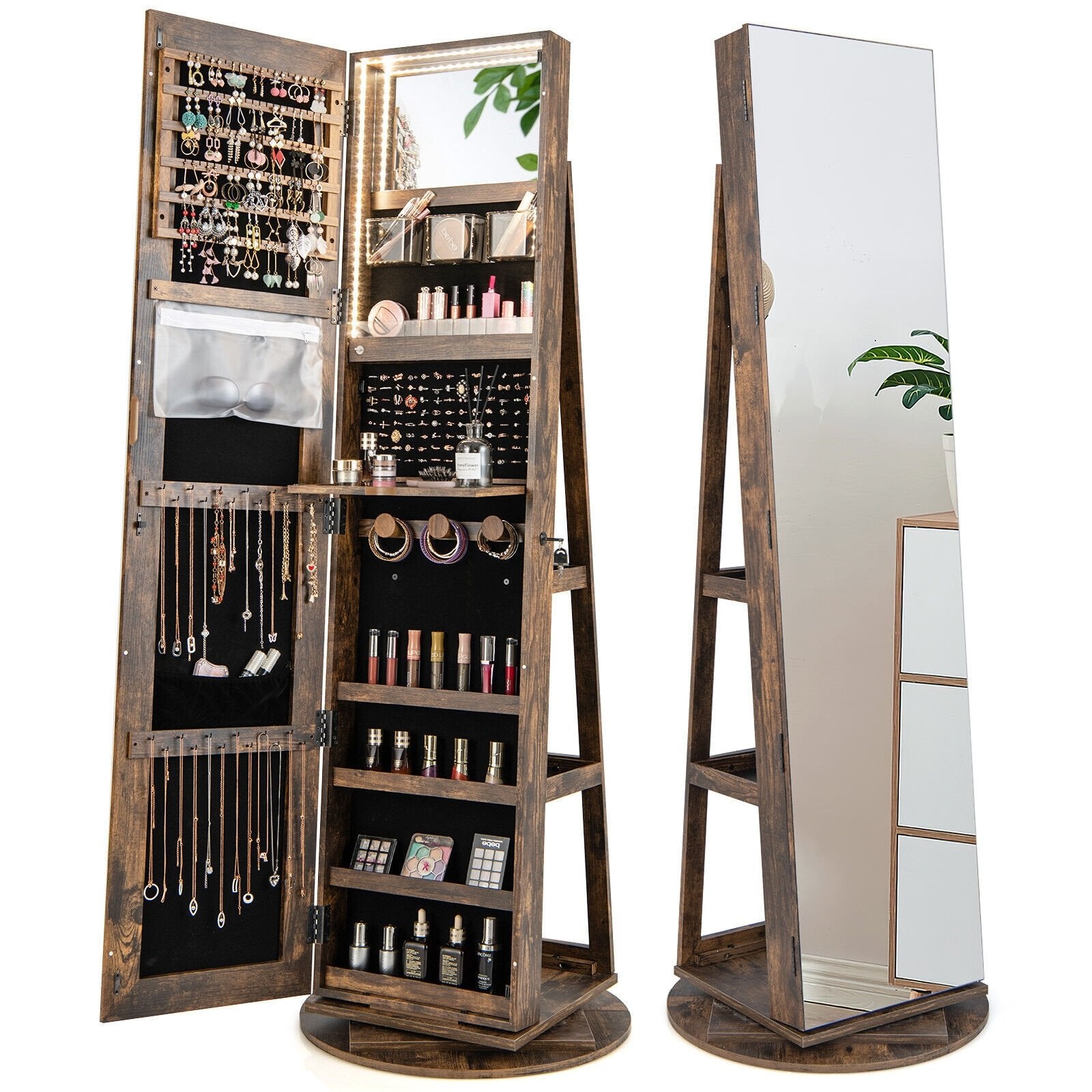 360° Rotating Mirrored Jewelry Cabinet Armoire 3 Color LED Modes Lockable, Brown Jewelry Armoires   at Gallery Canada