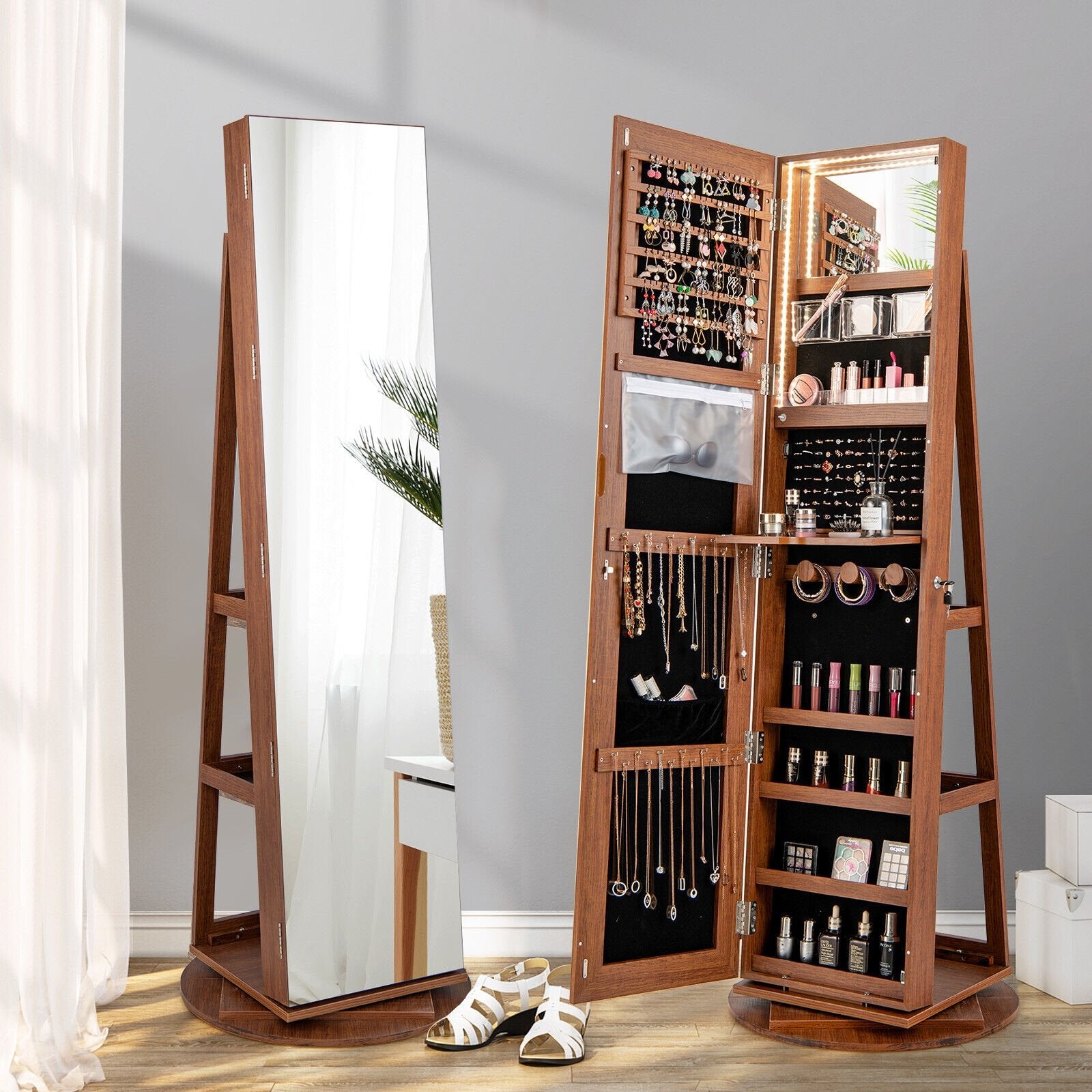 360° Rotating Mirrored Jewelry Cabinet Armoire 3 Color LED Modes Lockable, Dark Brown Jewelry Armoires   at Gallery Canada