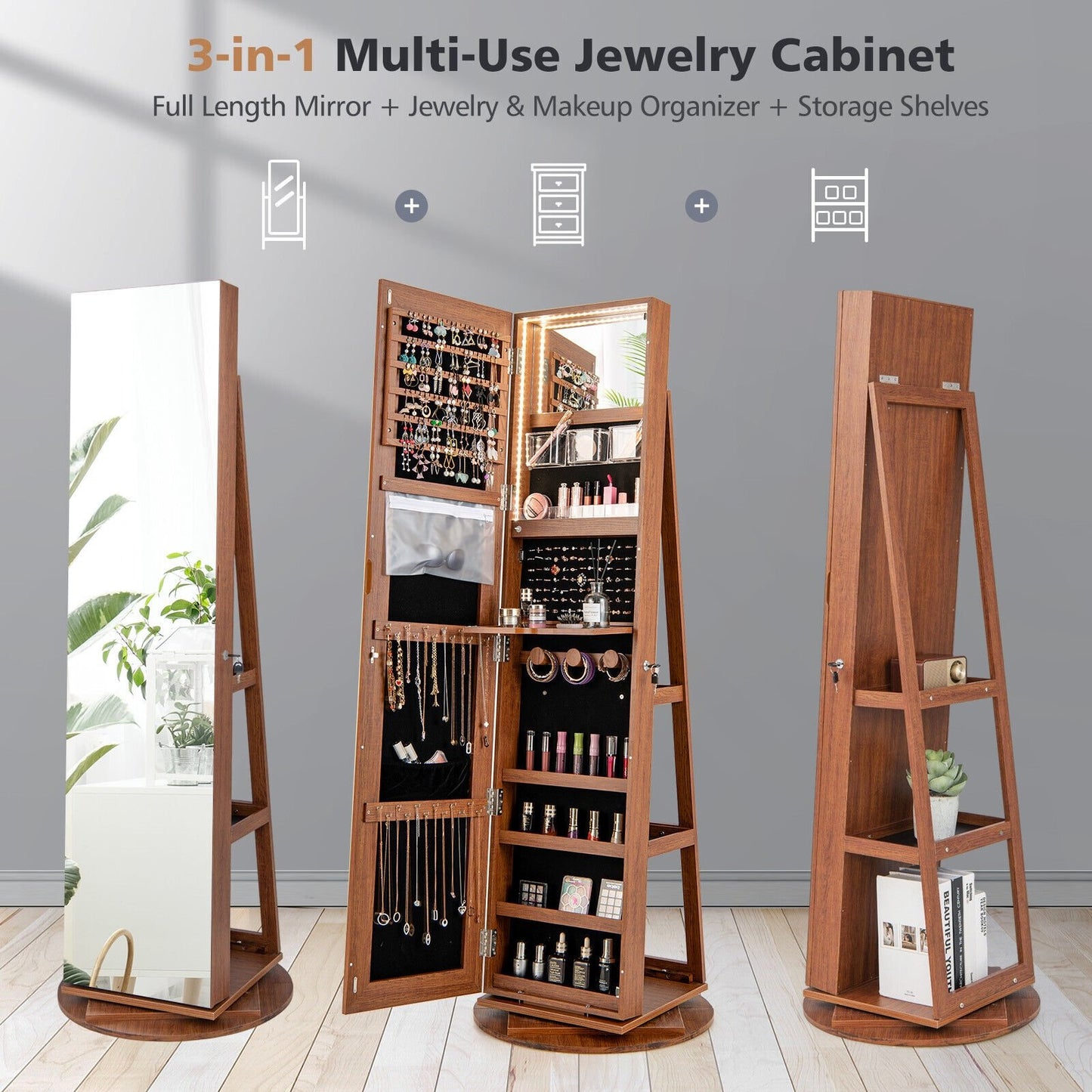 360° Rotating Mirrored Jewelry Cabinet Armoire 3 Color LED Modes Lockable, Dark Brown Jewelry Armoires   at Gallery Canada