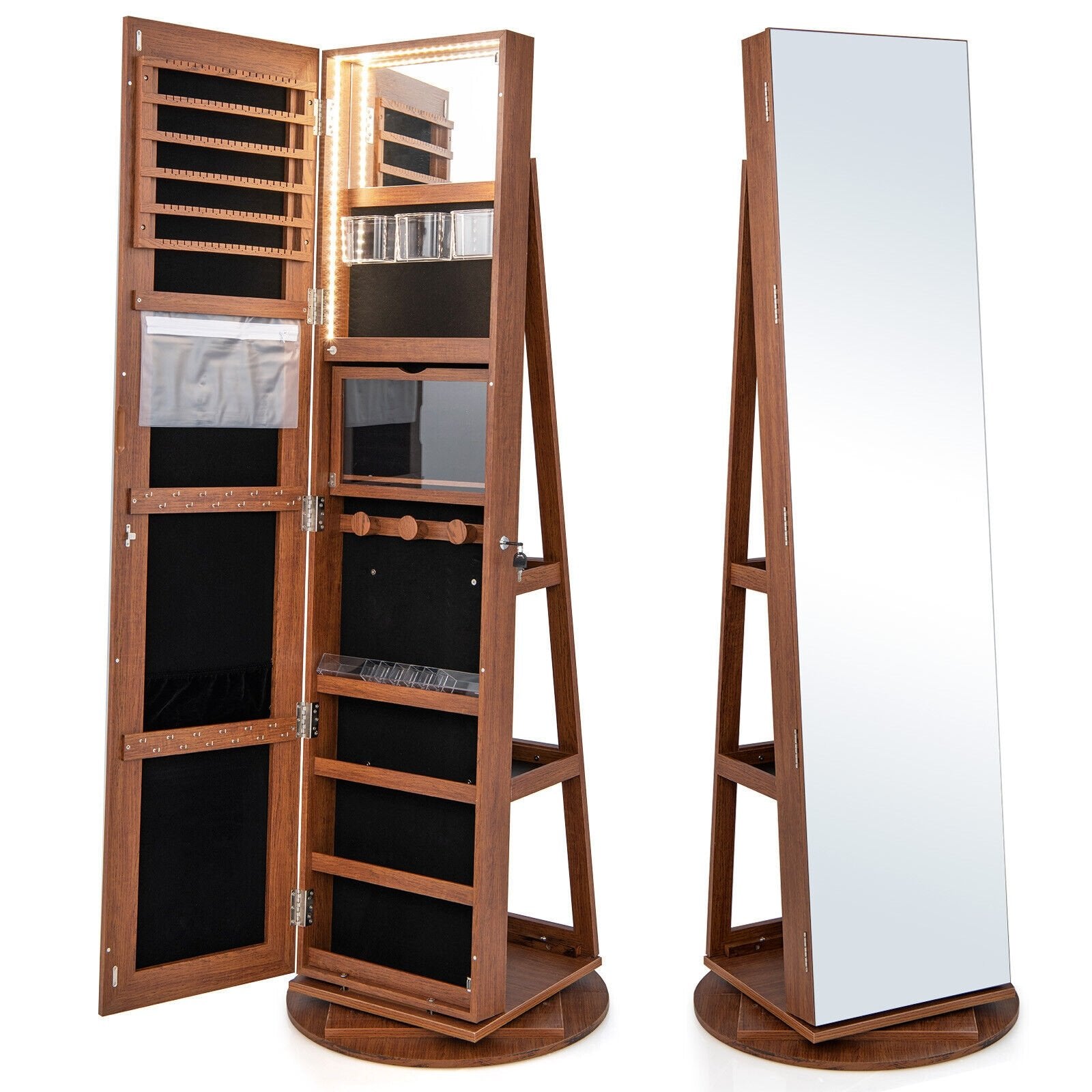 360° Rotating Mirrored Jewelry Cabinet Armoire 3 Color LED Modes Lockable, Dark Brown Jewelry Armoires   at Gallery Canada