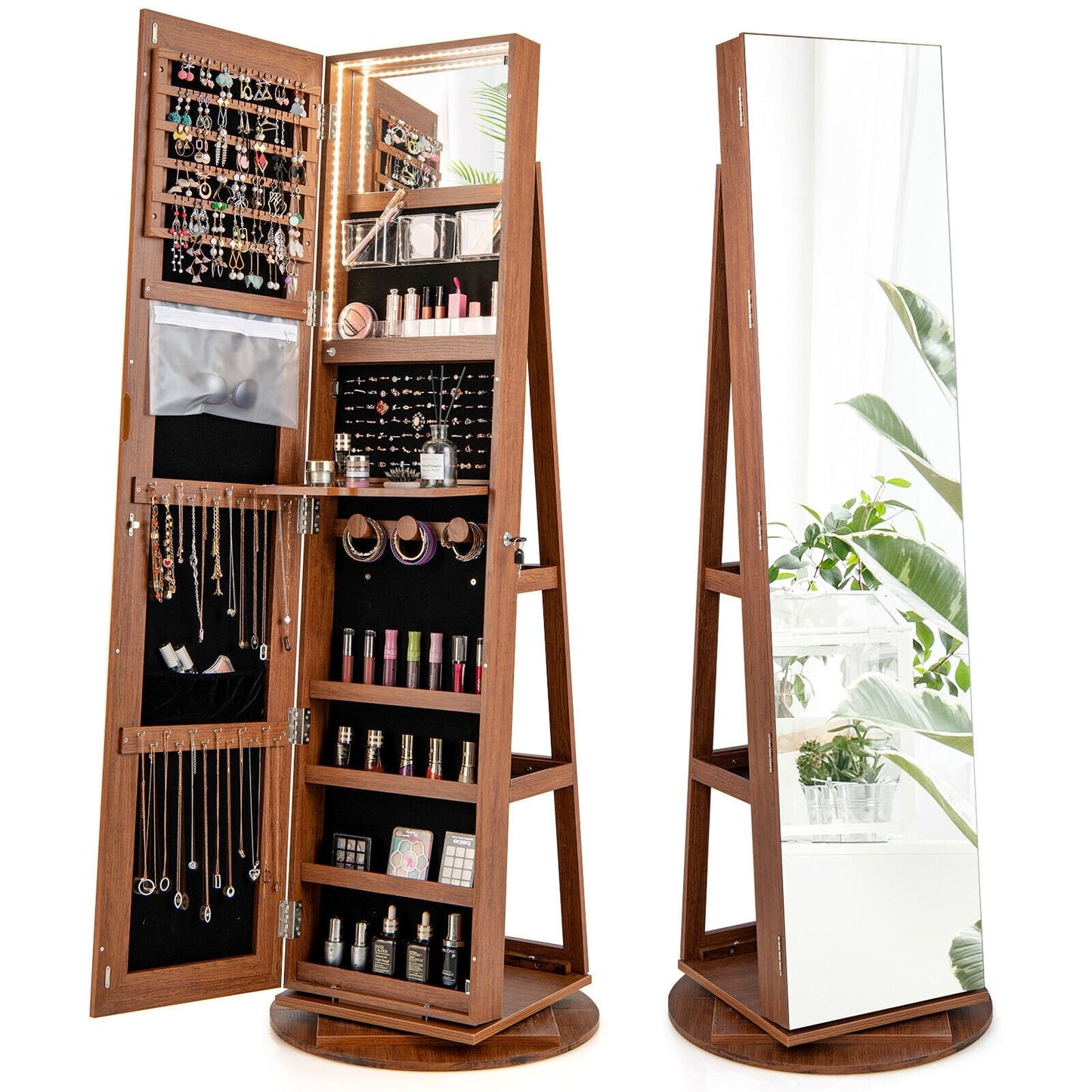 360° Rotating Mirrored Jewelry Cabinet Armoire 3 Color LED Modes Lockable, Dark Brown Jewelry Armoires   at Gallery Canada