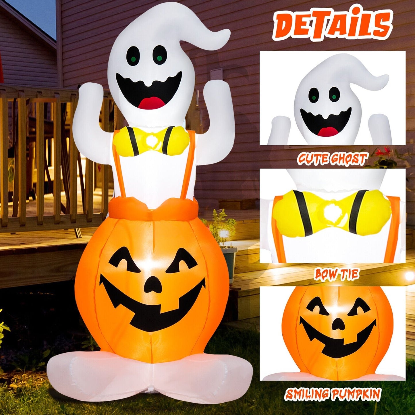 5 Feet Inflatable Halloween Pumpkin Ghost Blow-up Yard Decoration with LED Lights, Multicolor - Gallery Canada