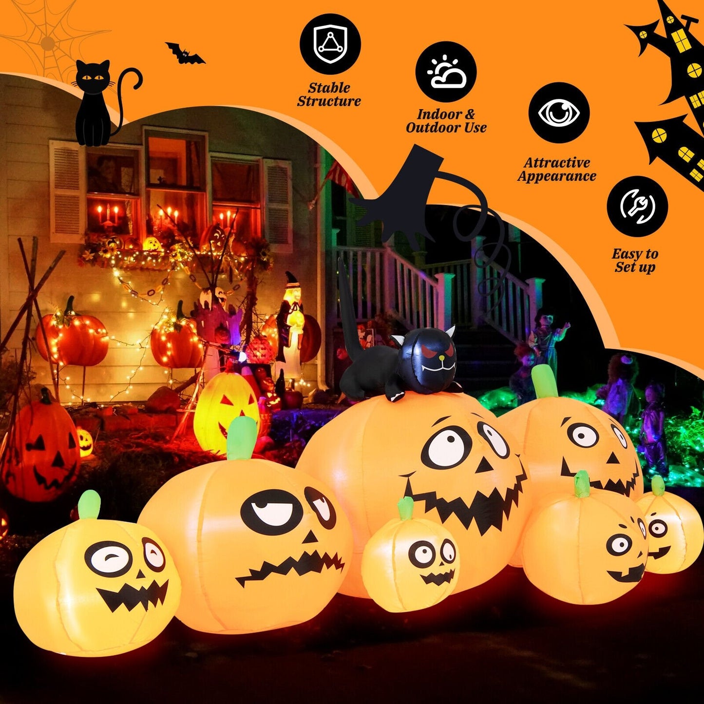 8 Feet Long Halloween Inflatable Pumpkins with Witch's Cat, Orange - Gallery Canada