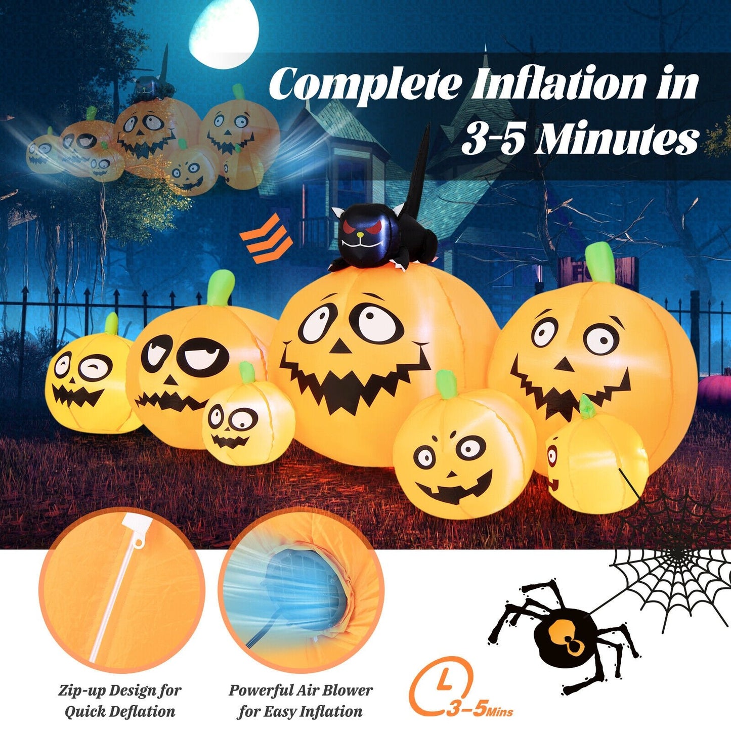 8 Feet Long Halloween Inflatable Pumpkins with Witch's Cat, Orange - Gallery Canada