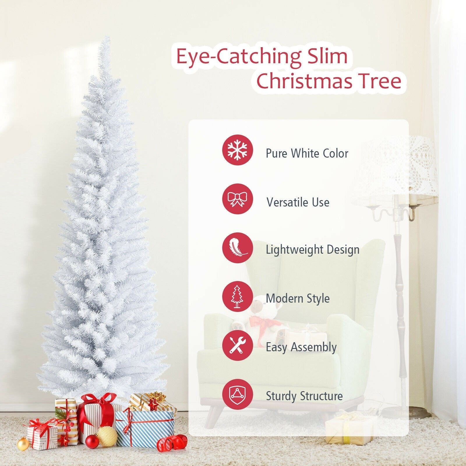 6 Feet Unlit Artificial Slim Pencil Christmas Tree with Metal Stand, White Christmas Tree   at Gallery Canada