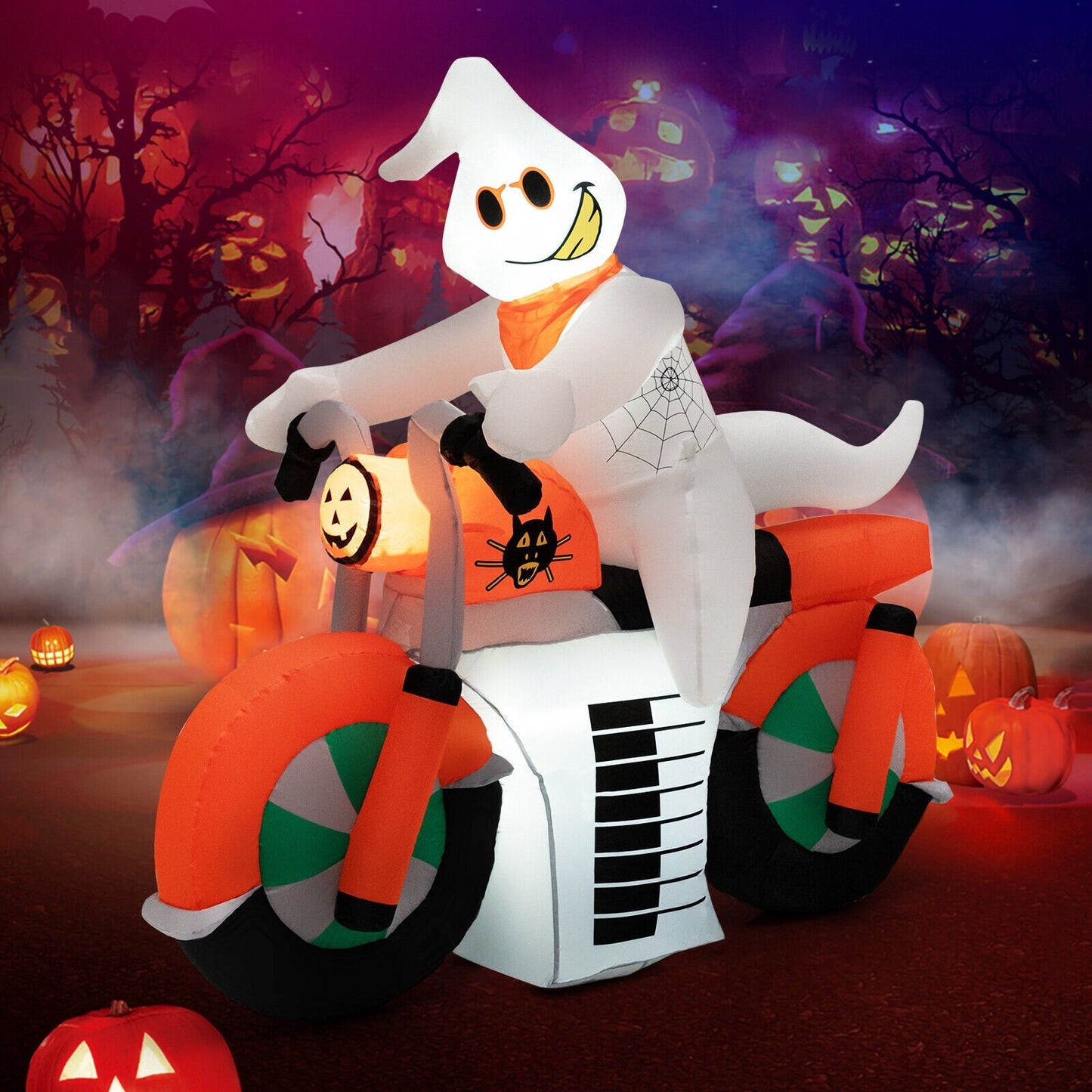 5 Feet Halloween Inflatable Ghost Riding on Motor Bike with LED Lights, Multicolor - Gallery Canada