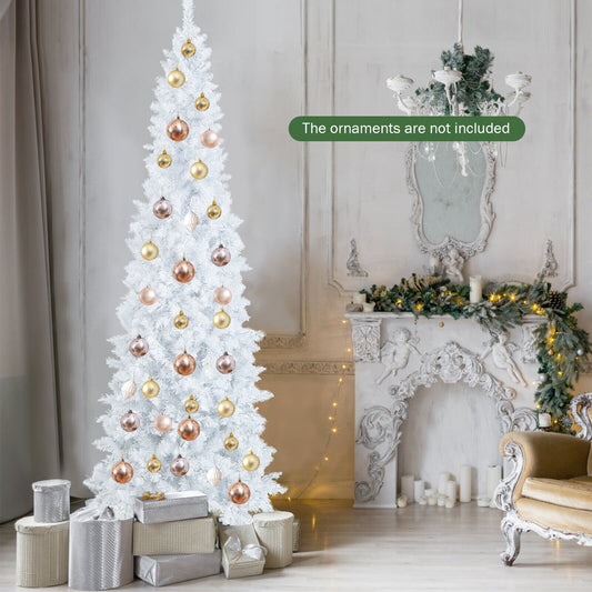7 Feet Pre-Lit Hinged Pencil Christmas Tree White with 300 LED Lights and 8 Flash Modes, White - Gallery Canada
