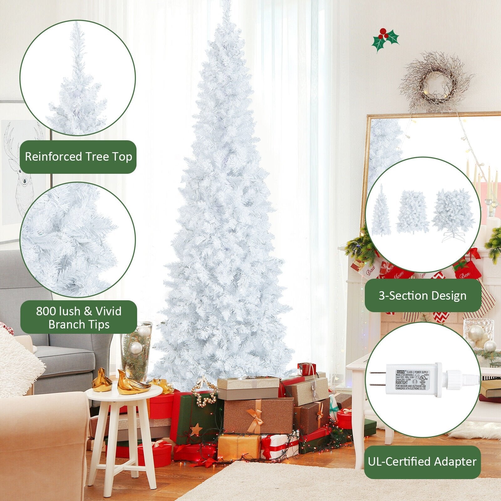 7 Feet Pre-Lit Hinged Pencil Christmas Tree White with 300 LED Lights and 8 Flash Modes, White Christmas Tree   at Gallery Canada