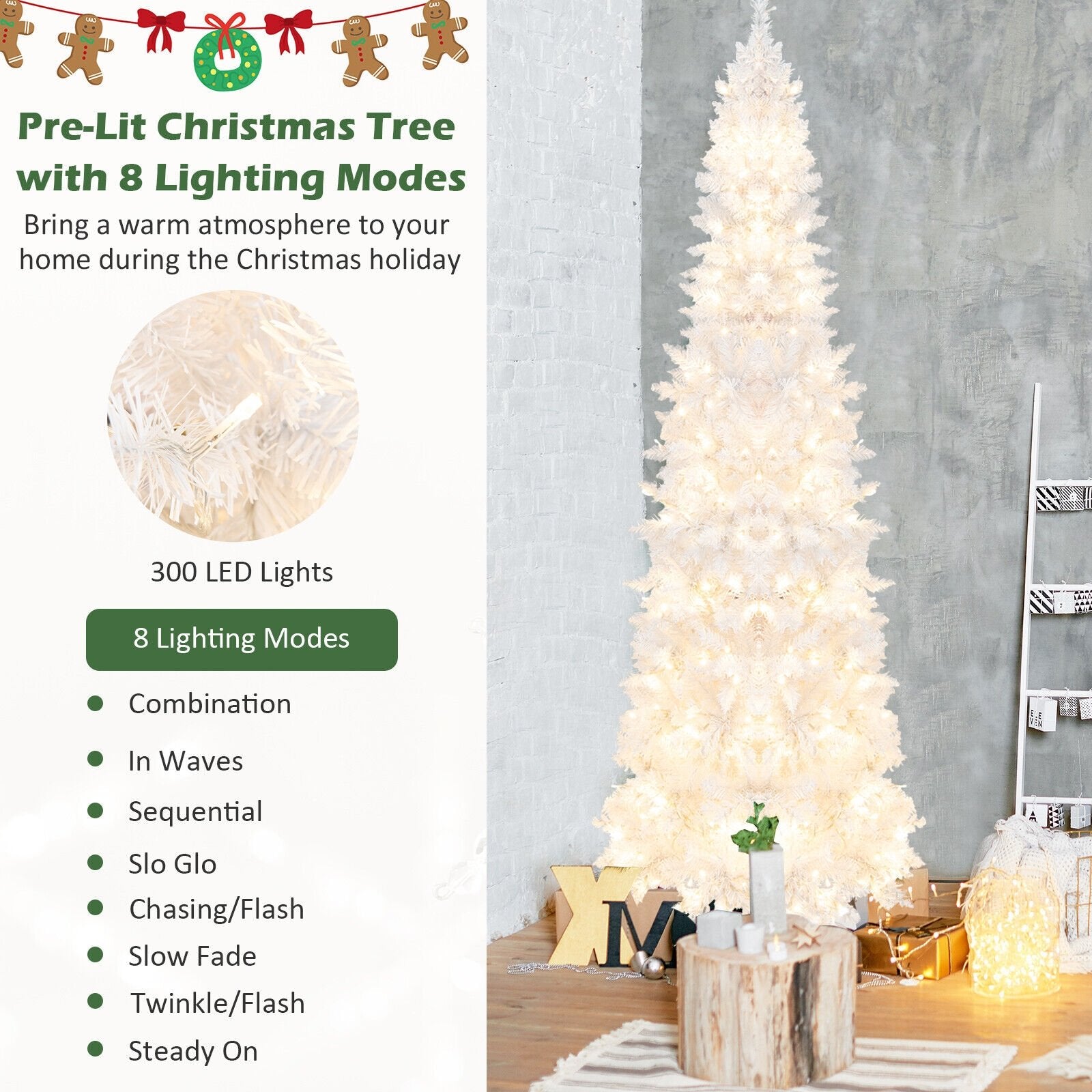 7 Feet Pre-Lit Hinged Pencil Christmas Tree White with 300 LED Lights and 8 Flash Modes, White Christmas Tree   at Gallery Canada