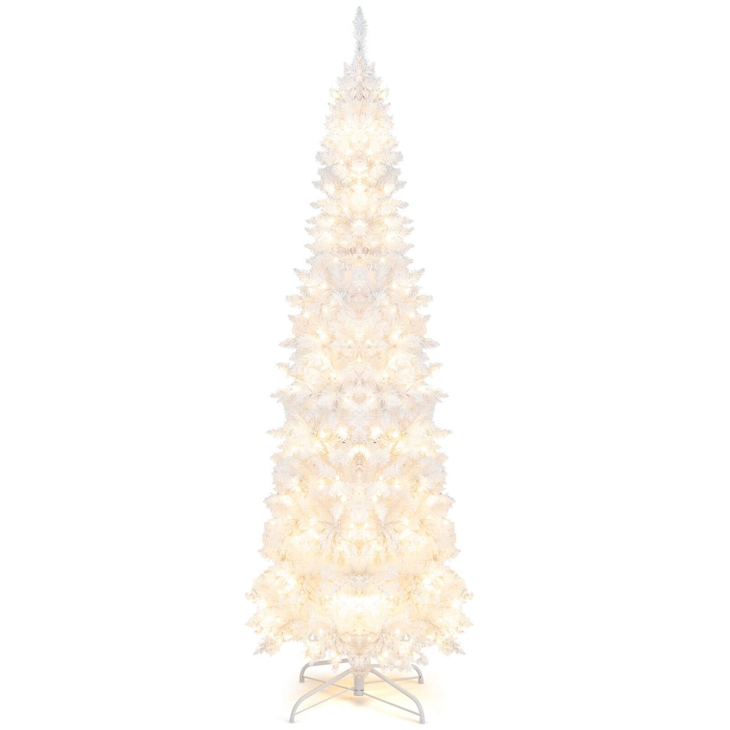 7 Feet Pre-Lit Hinged Pencil Christmas Tree White with 300 LED Lights and 8 Flash Modes, White Christmas Tree   at Gallery Canada