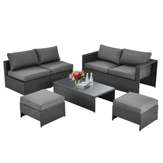 6 Pieces Patio Rattan Furniture Set Space Saving Cushioned No Assembly, Gray Outdoor Sectionals   at Gallery Canada