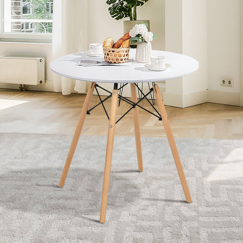 Round Modern Dining Table with Solid Wooden Leg, White