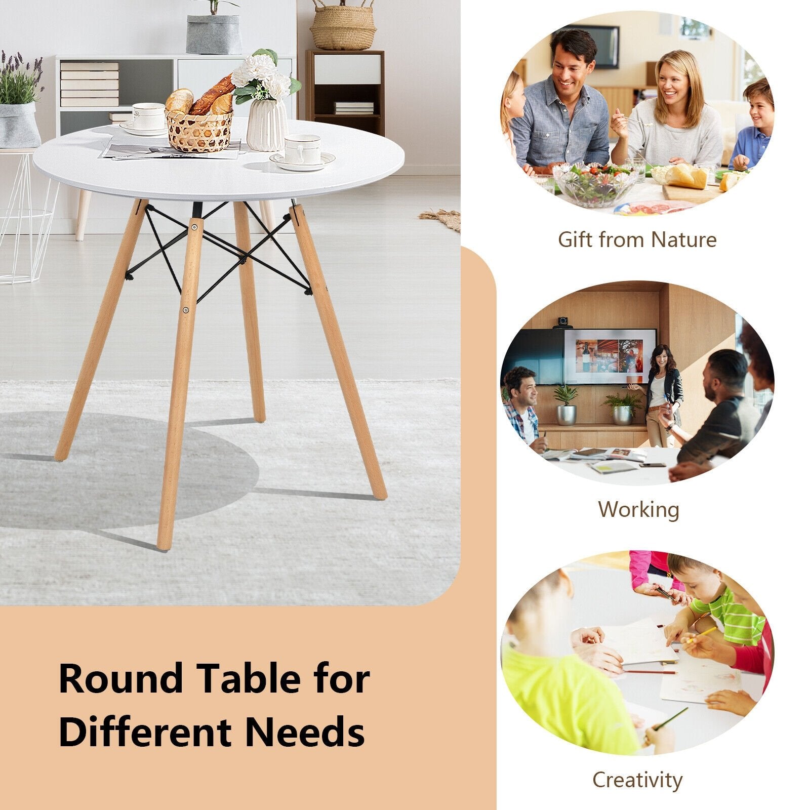 Round Modern Dining Table with Solid Wooden Leg, White Coffee Tables   at Gallery Canada