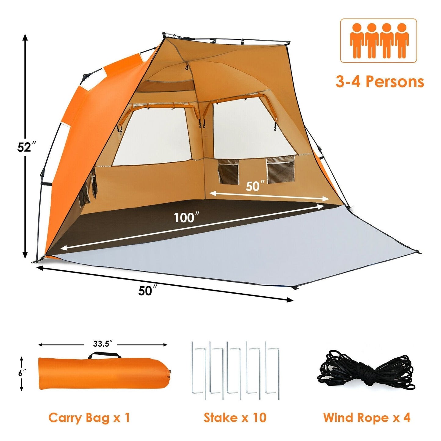 Easy Pop Up Beach Tent UPF 50+ Portable Sun Shelter for 3-4 Person, Orange Tents at Gallery Canada