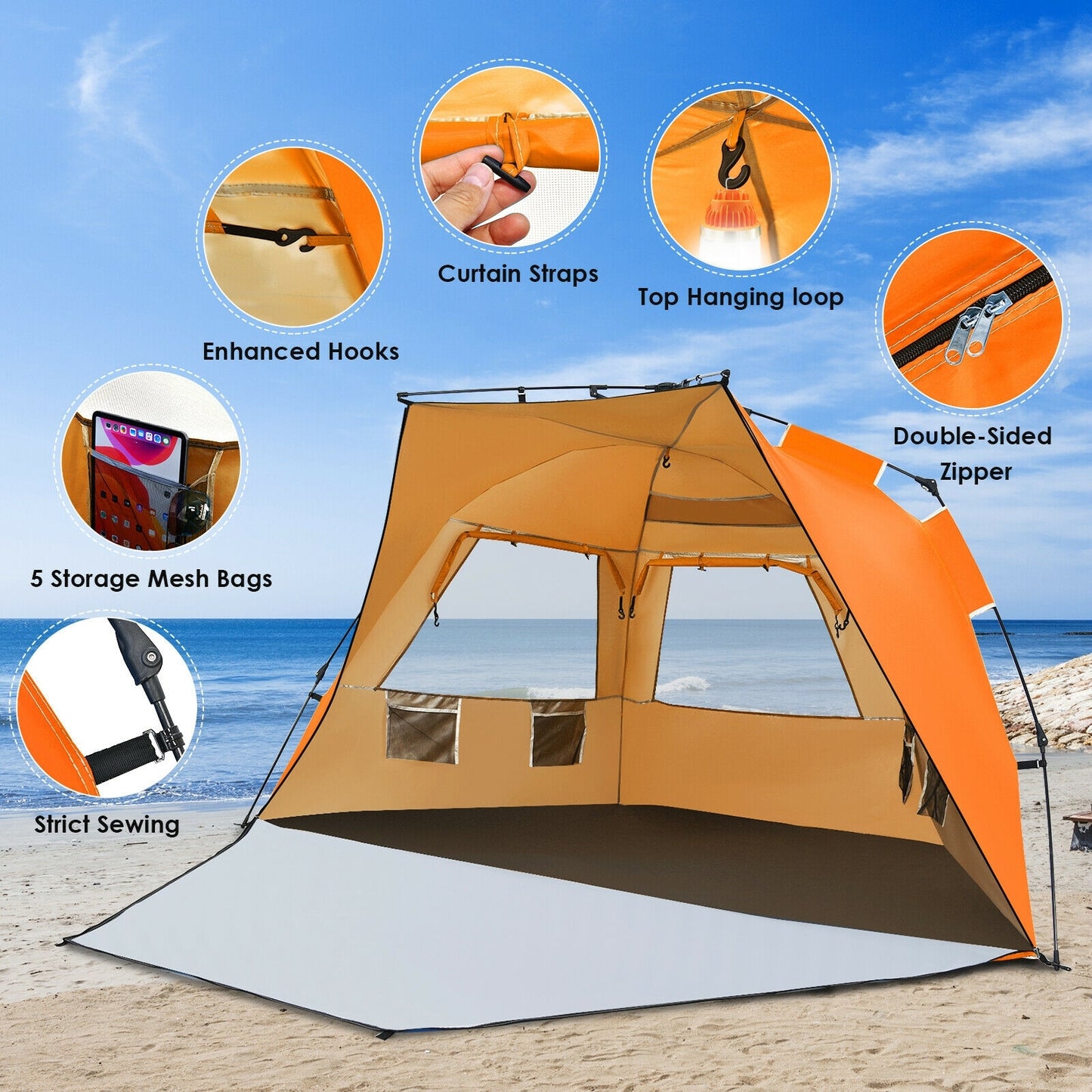 Easy Pop Up Beach Tent UPF 50+ Portable Sun Shelter for 3-4 Person, Orange Tents at Gallery Canada